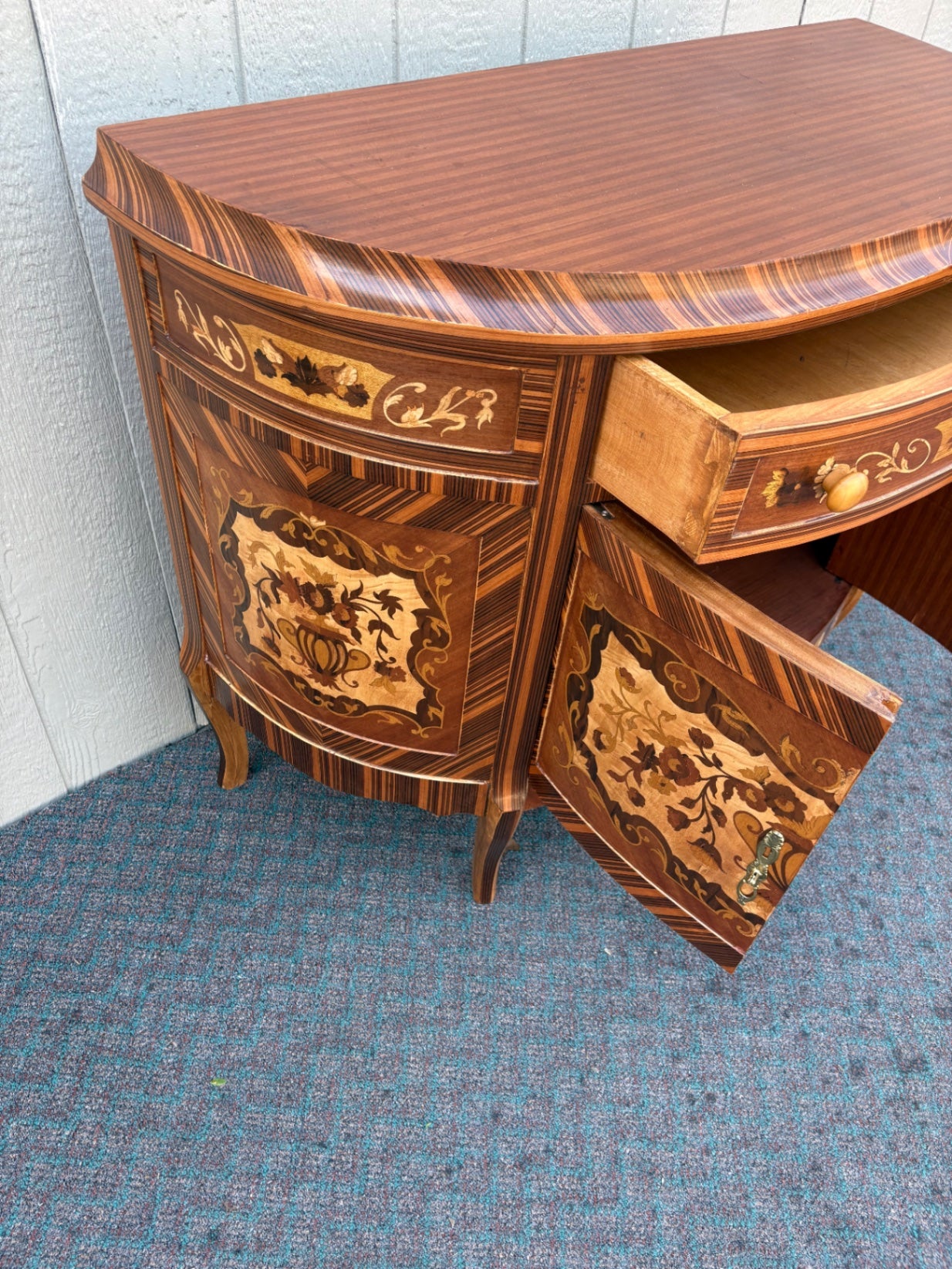 67887 Exquisite Inlaid Demilune Chest with Floral Marquetry