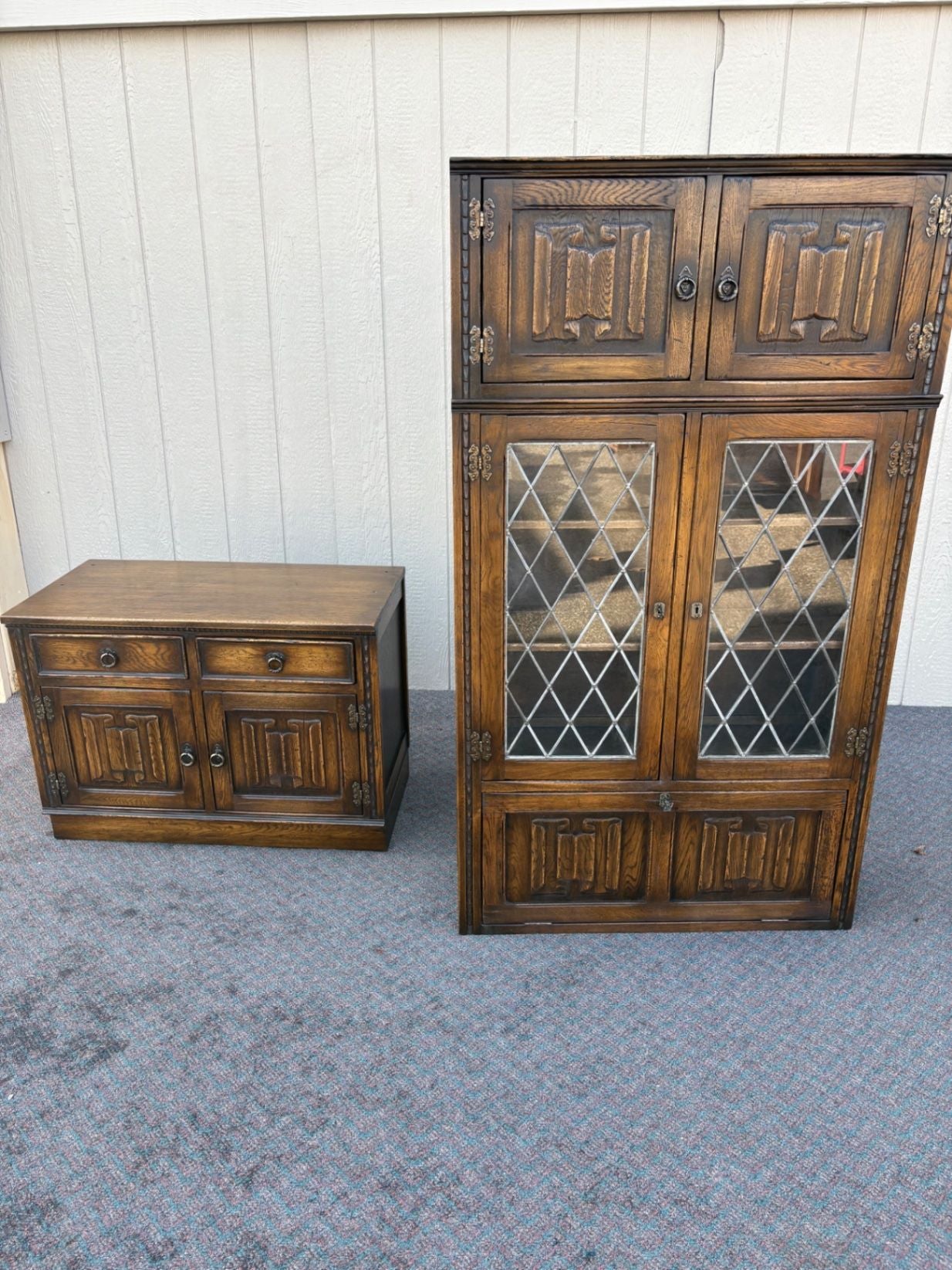 67410  Mid-Century Oak Cabinet with Desk and Leaded Glass Doors