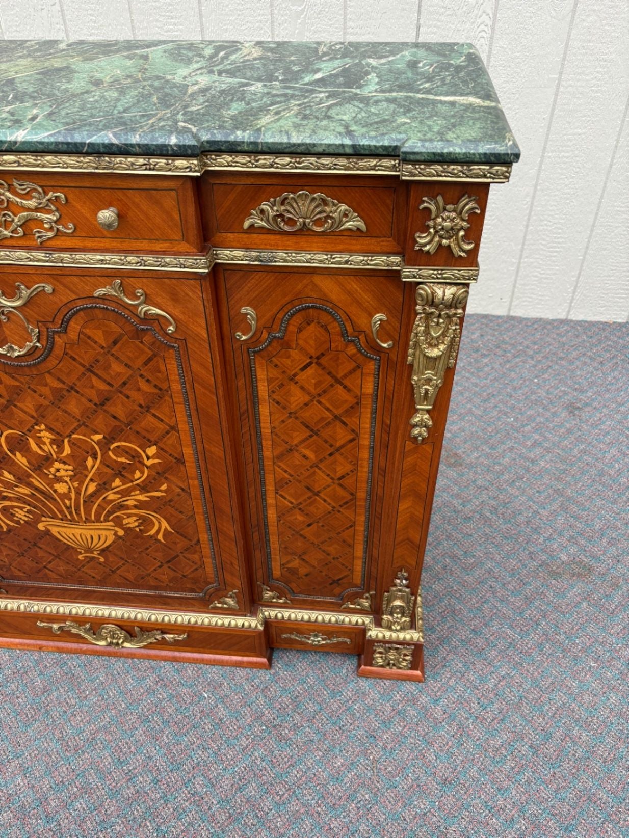 67520 Ornate French Style Marble Top Sideboard with Inlay and Gilt Details