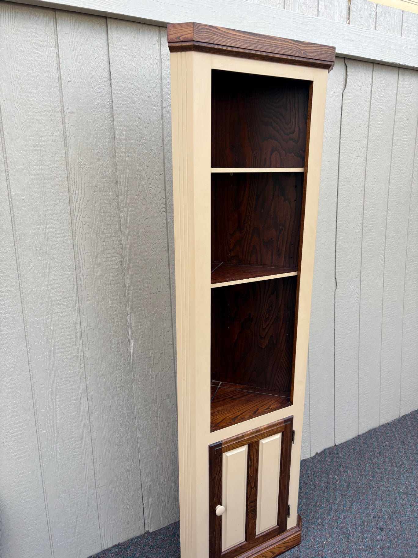 67870 Tall Rustic Corner Cabinet with Dual Tone Finish and Shelves