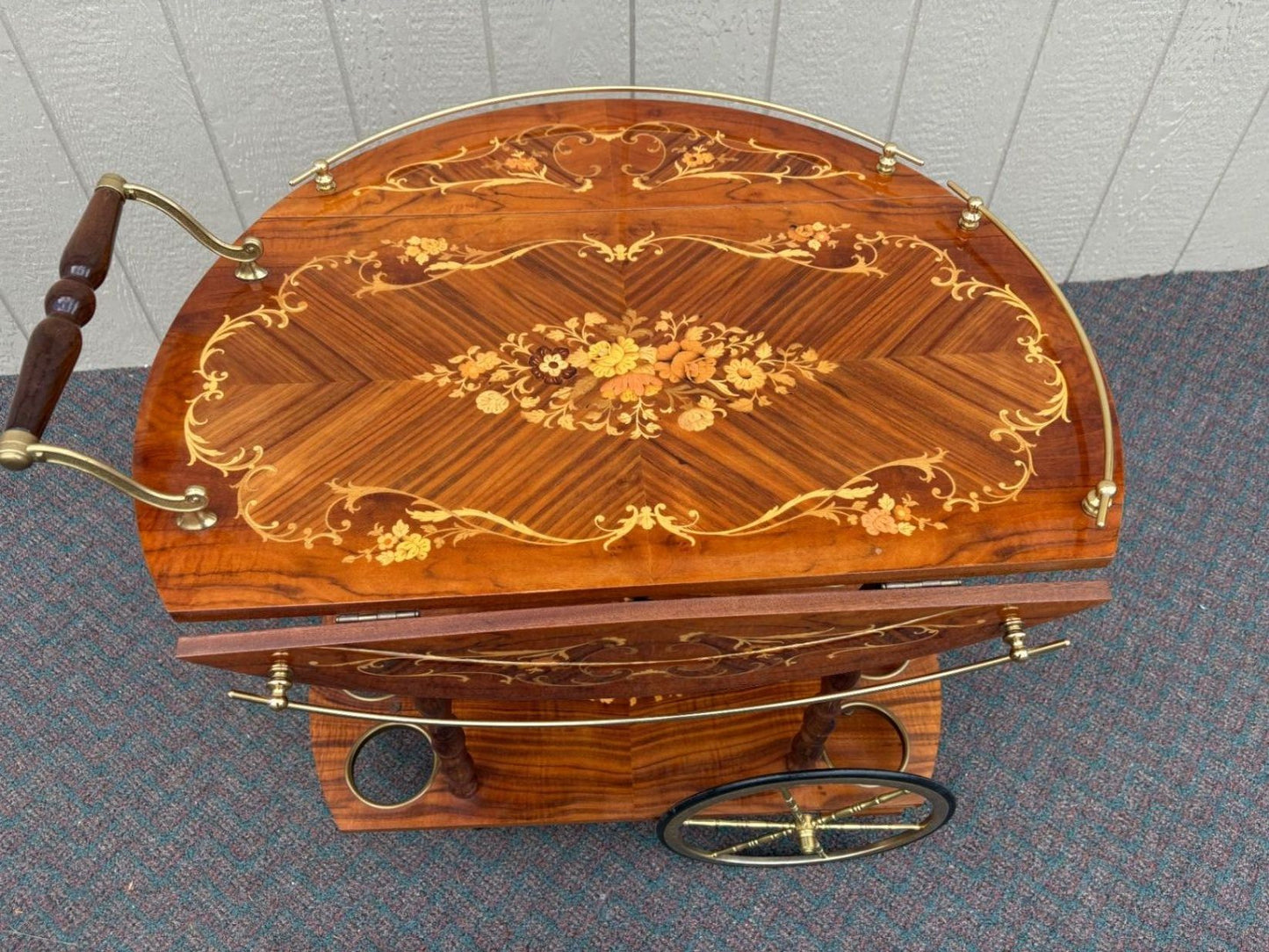 67588  Italian Inlaid Wood Tea Cart with Floral Marquetry and Brass Accents