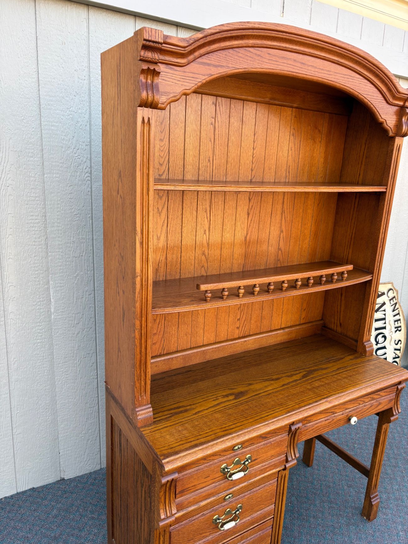 67655 Lexington Traditional Solid Oak Desk with Hutch and Brass Hardware