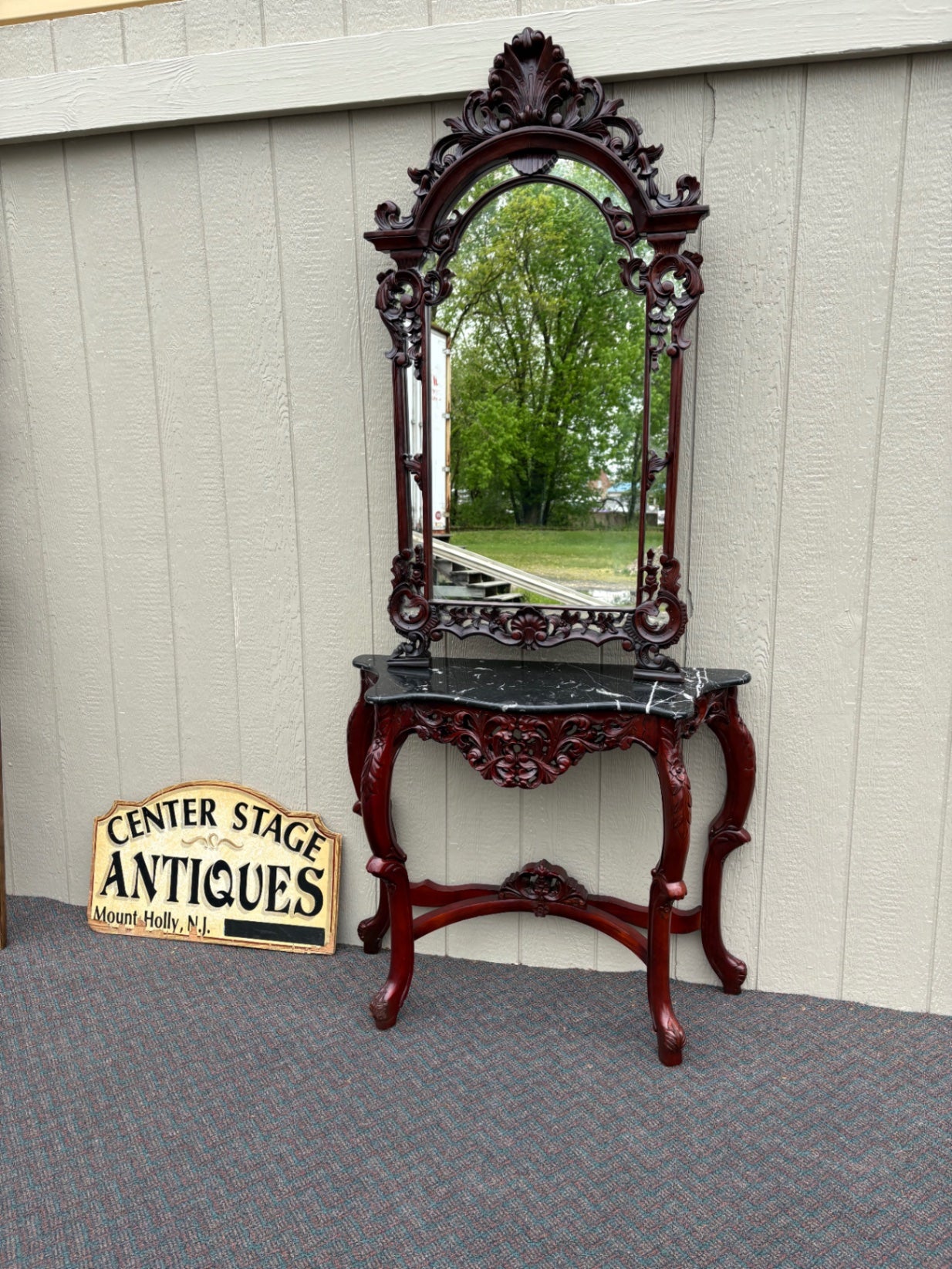 67705 Victorian Style Carved Console Table and Mirror Set with Marble Top