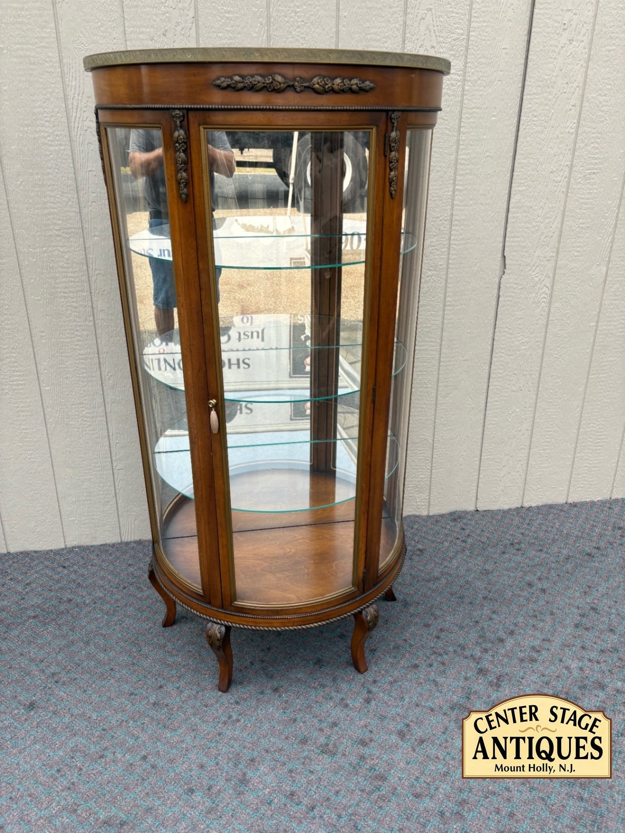 68002 Vintage Bow Front Glass Curio Cabinet with Floral Carvings