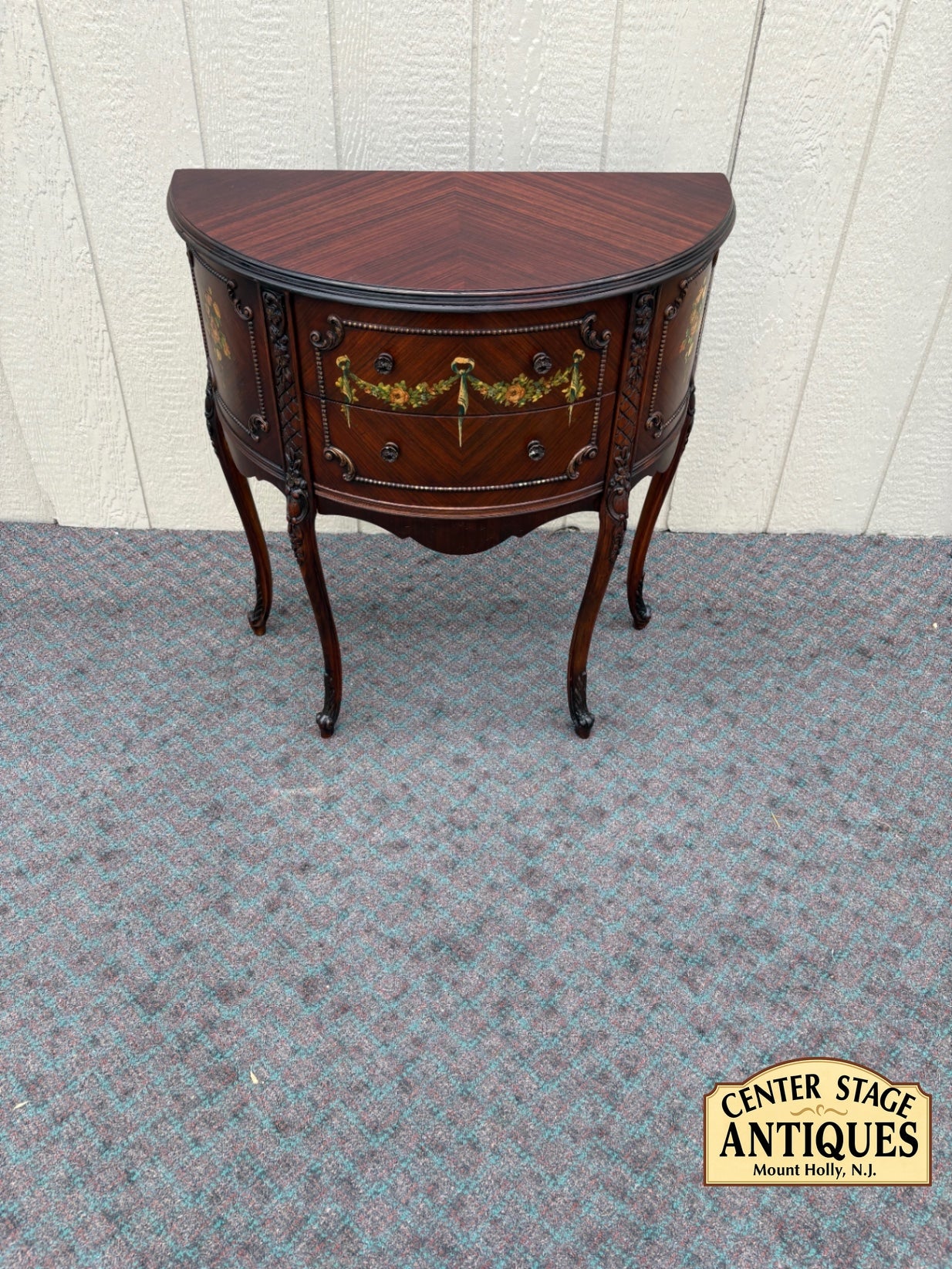 67966 Hand-Painted Demilune Chest with Floral Accents, Mahogany Finish