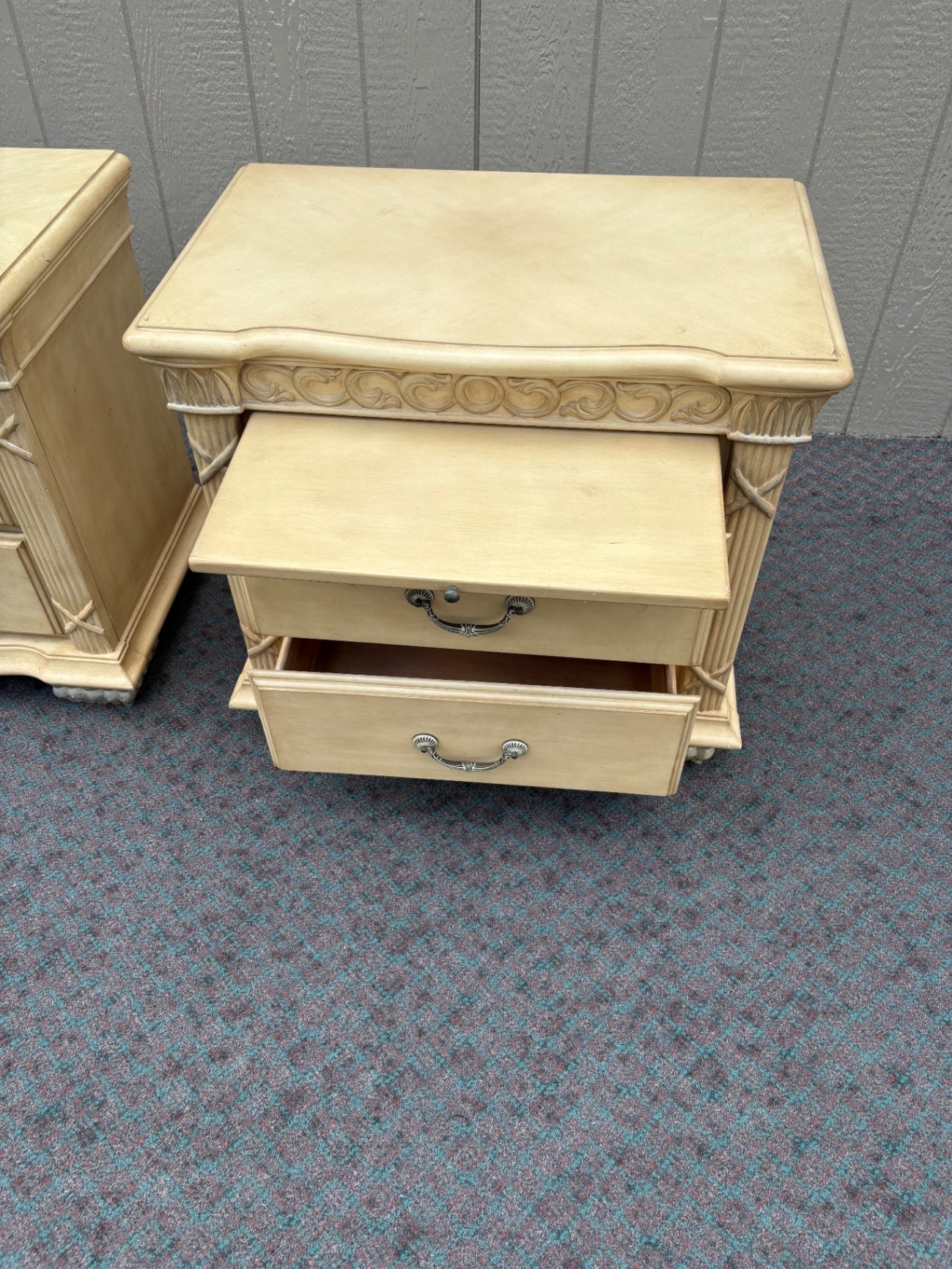 67958 Pair of Vintage Carved Nightstands with Two Drawers in Cream Finish