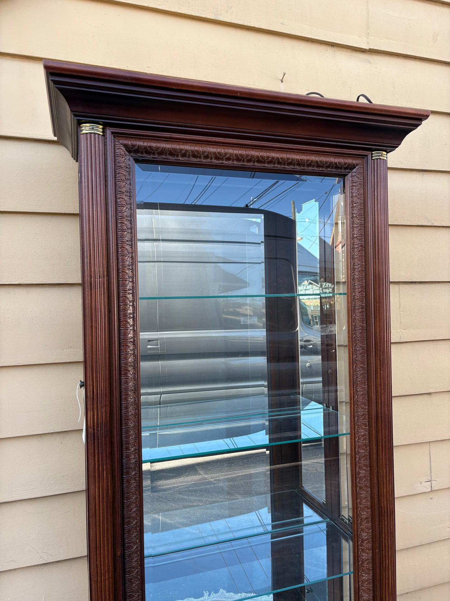 67786  Elegant Mahogany Curio Cabinet with Glass Shelves and Lighting