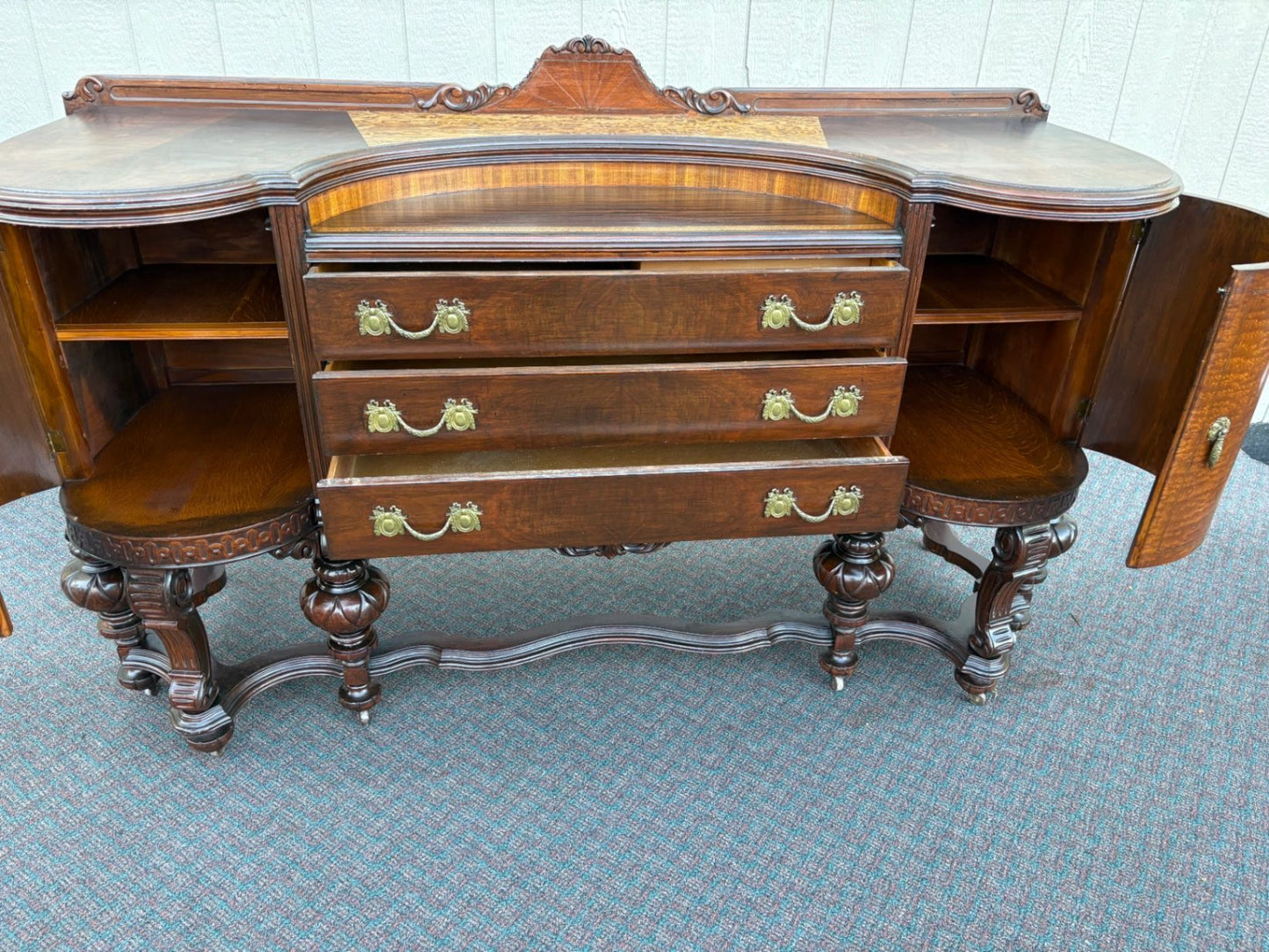 67513  Antique Victorian Sideboard Buffet with Ornate Carved Mahogany