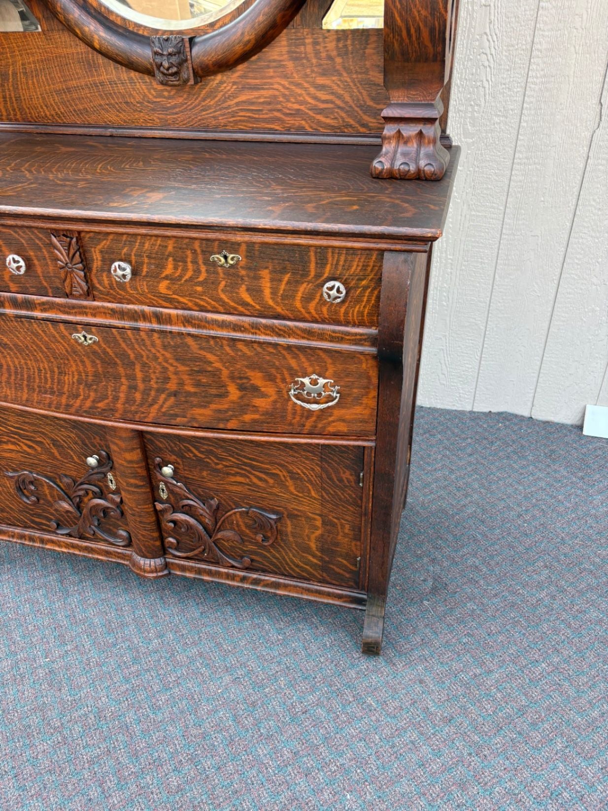 67417 Victorian Tiger Oak Sideboard with Figural Carvings and Mirror
