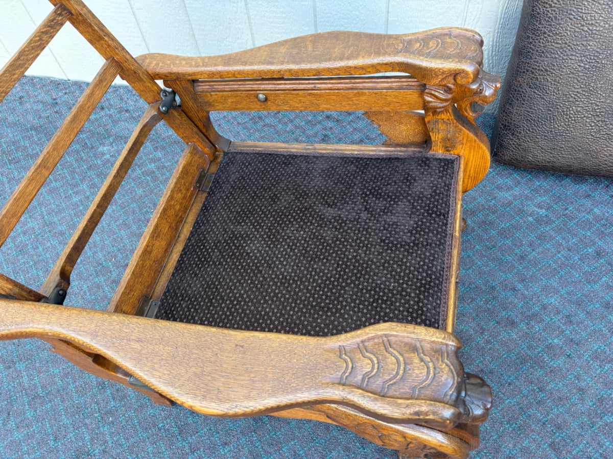 68007  Victorian Oak Morris Chair with Gryphon Carvings and Leather Upholstery