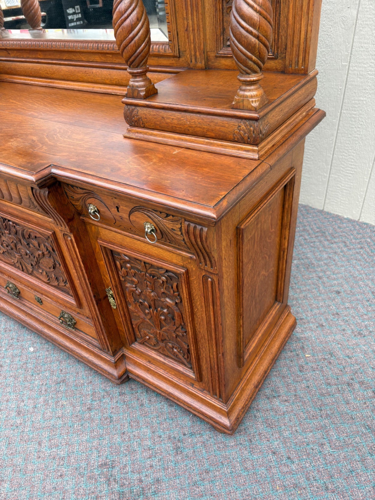 67852  Ornate Victorian Oak Buffet with Mirror and Carved Details