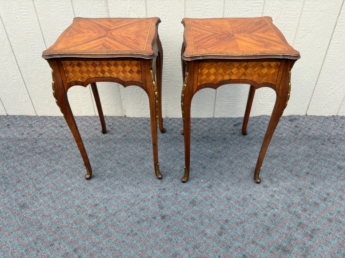 68095 Pair of French Louis XV Style Inlaid Marquetry Side Tables