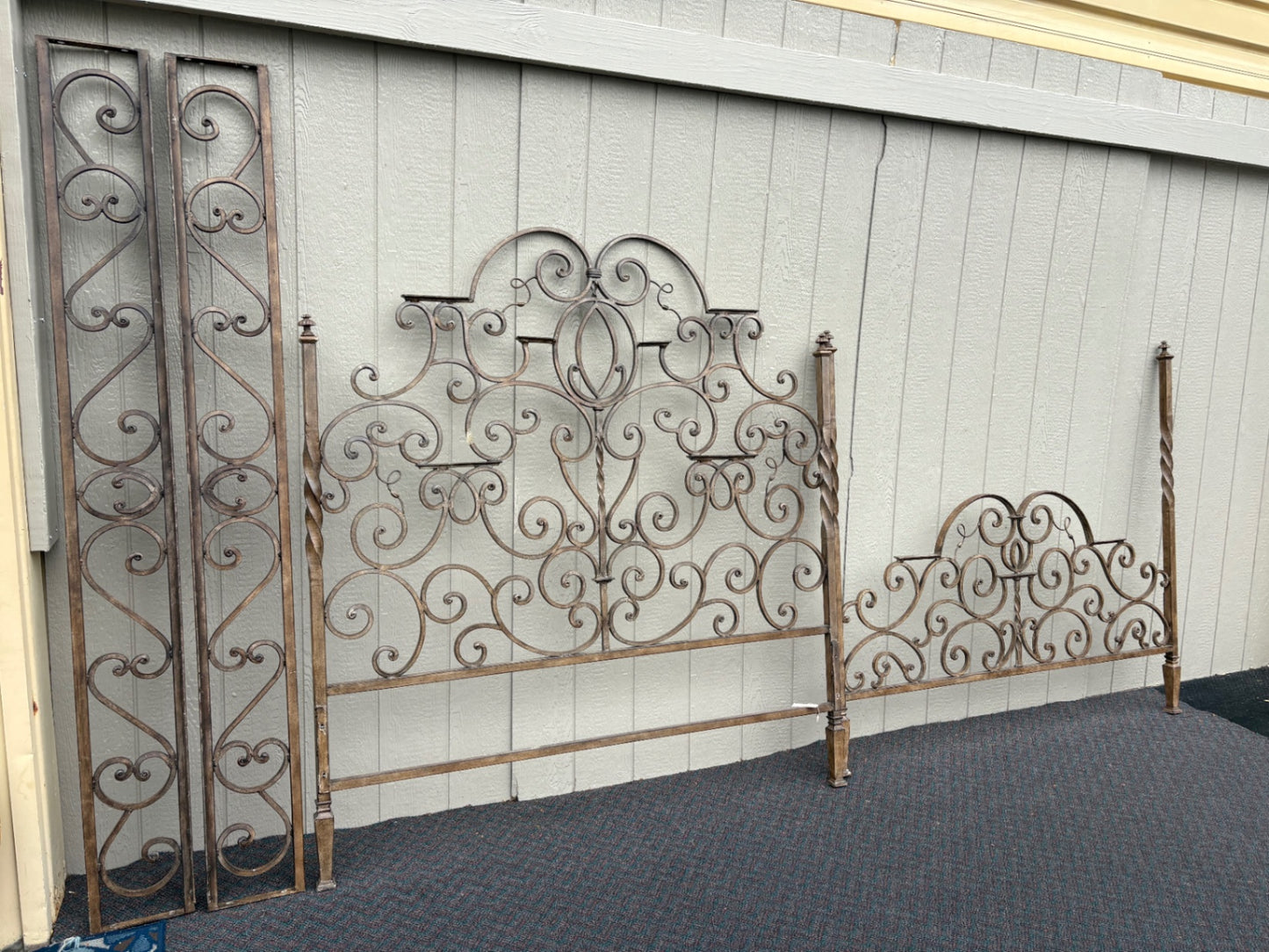 67711  Ornate Iron Scrollwork Queen Bed Frame with Twisted Posts