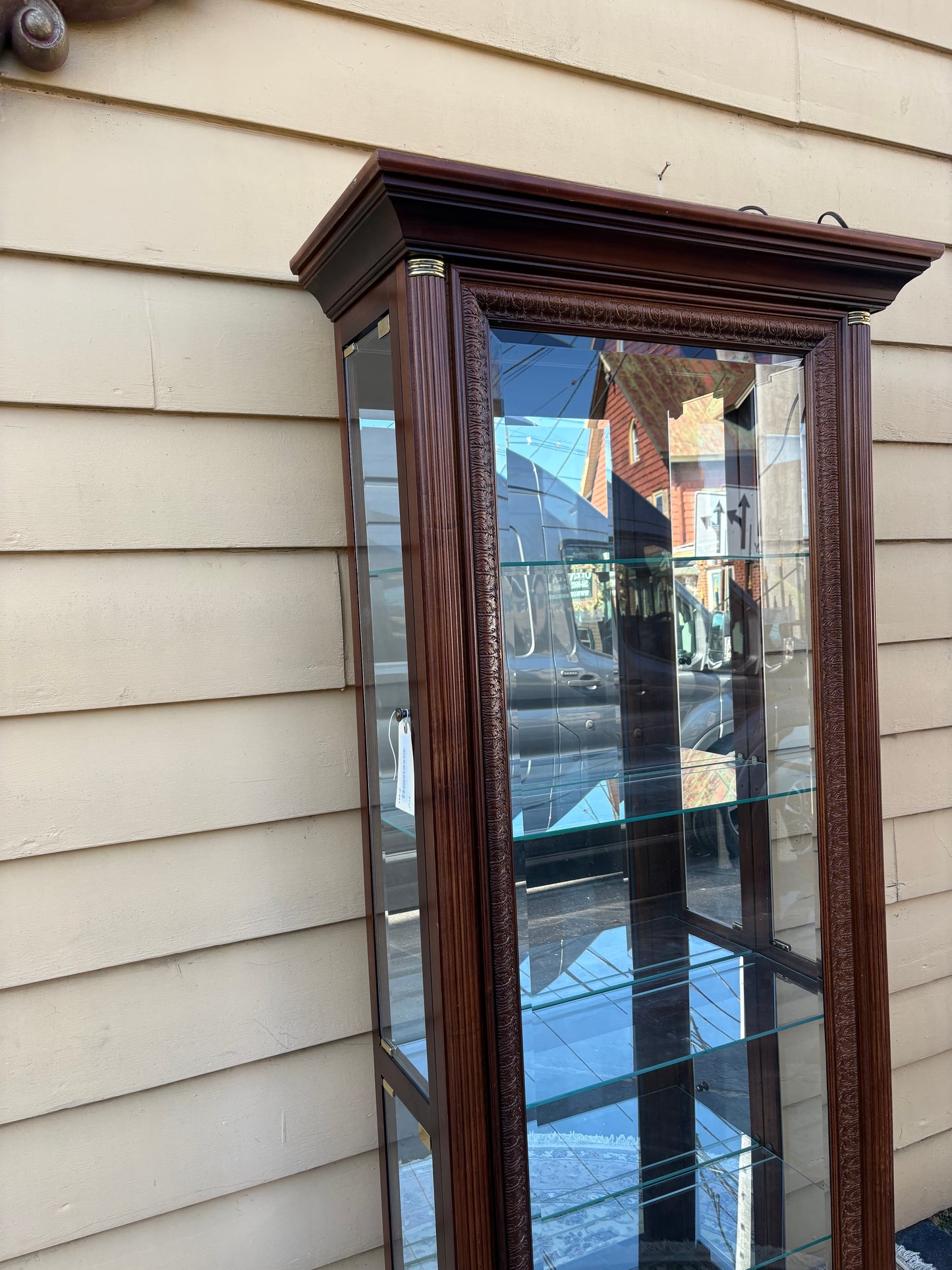 67786  Elegant Mahogany Curio Cabinet with Glass Shelves and Lighting