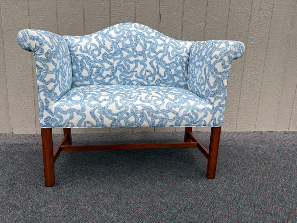 68145  Elegant Window Bench Settee with Blue Patterned Upholstery