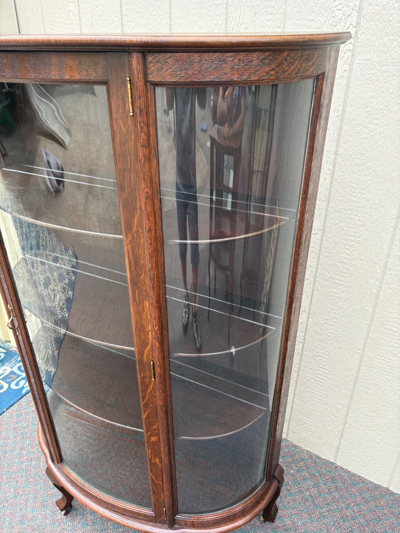 67680  Antique Bowed Oak China Cabinet with Glass Door Display