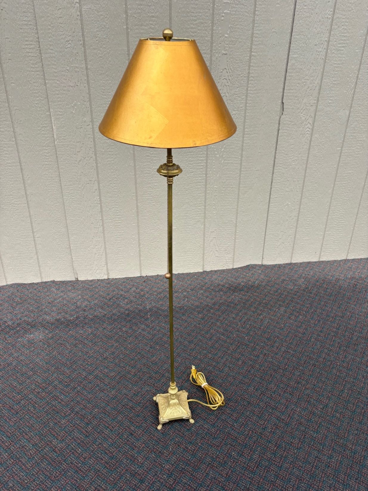 67509  Vintage Brass Floor Lamp with Gold Shade and Ornate Base