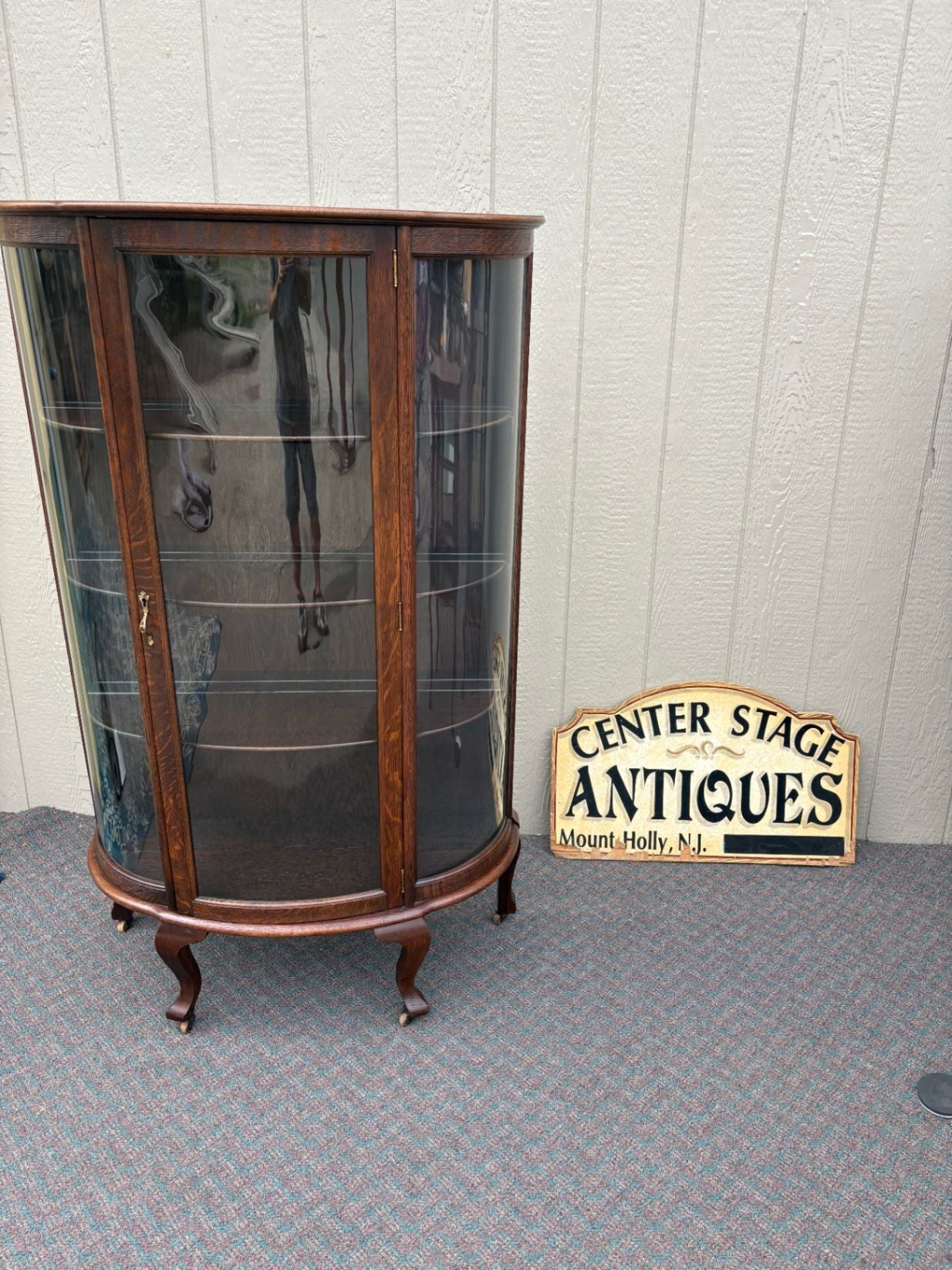 67680  Antique Bowed Oak China Cabinet with Glass Door Display