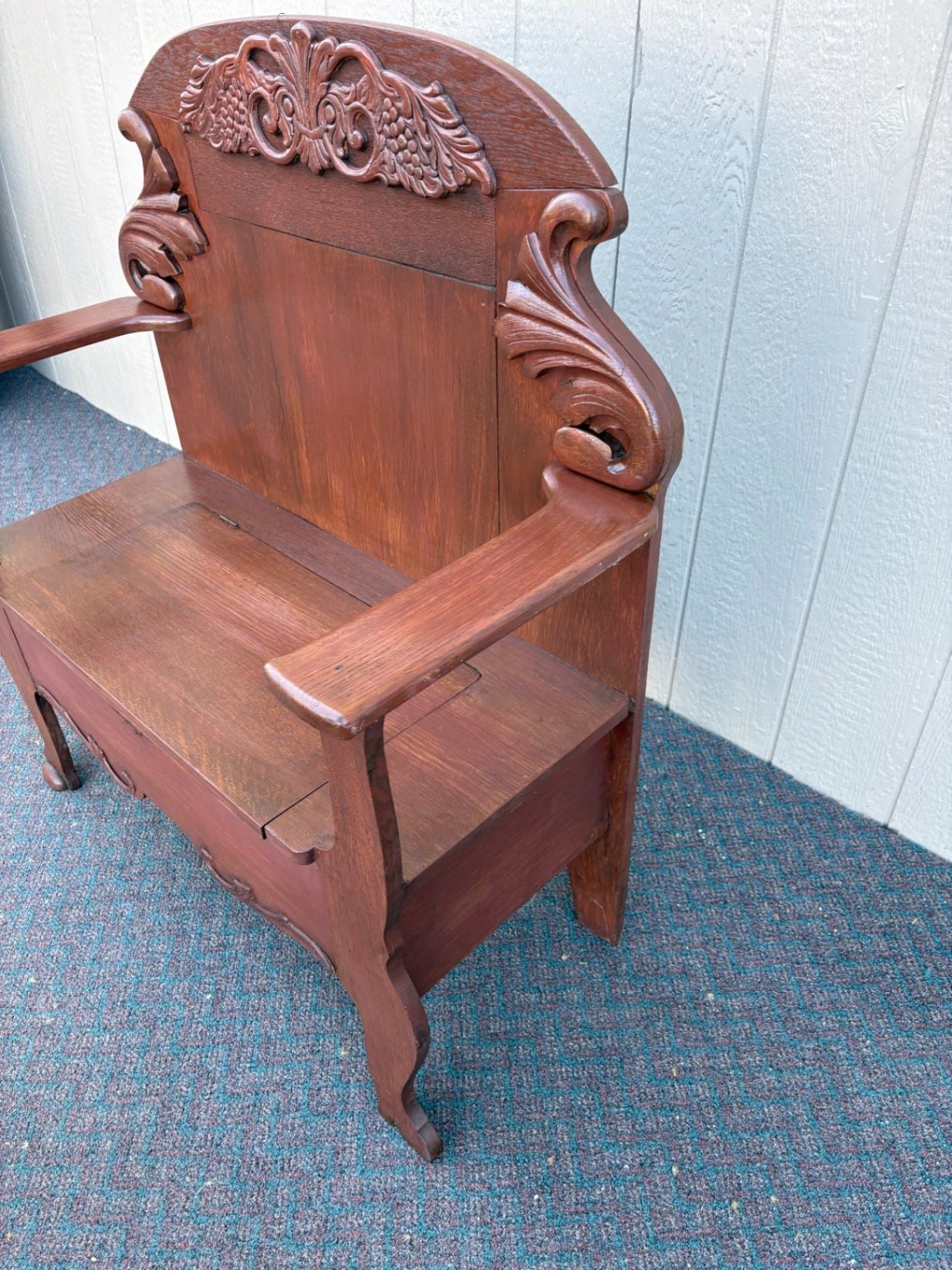 67564 Victorian Hall Seat with Intricate Carving in Rich Oak Finish