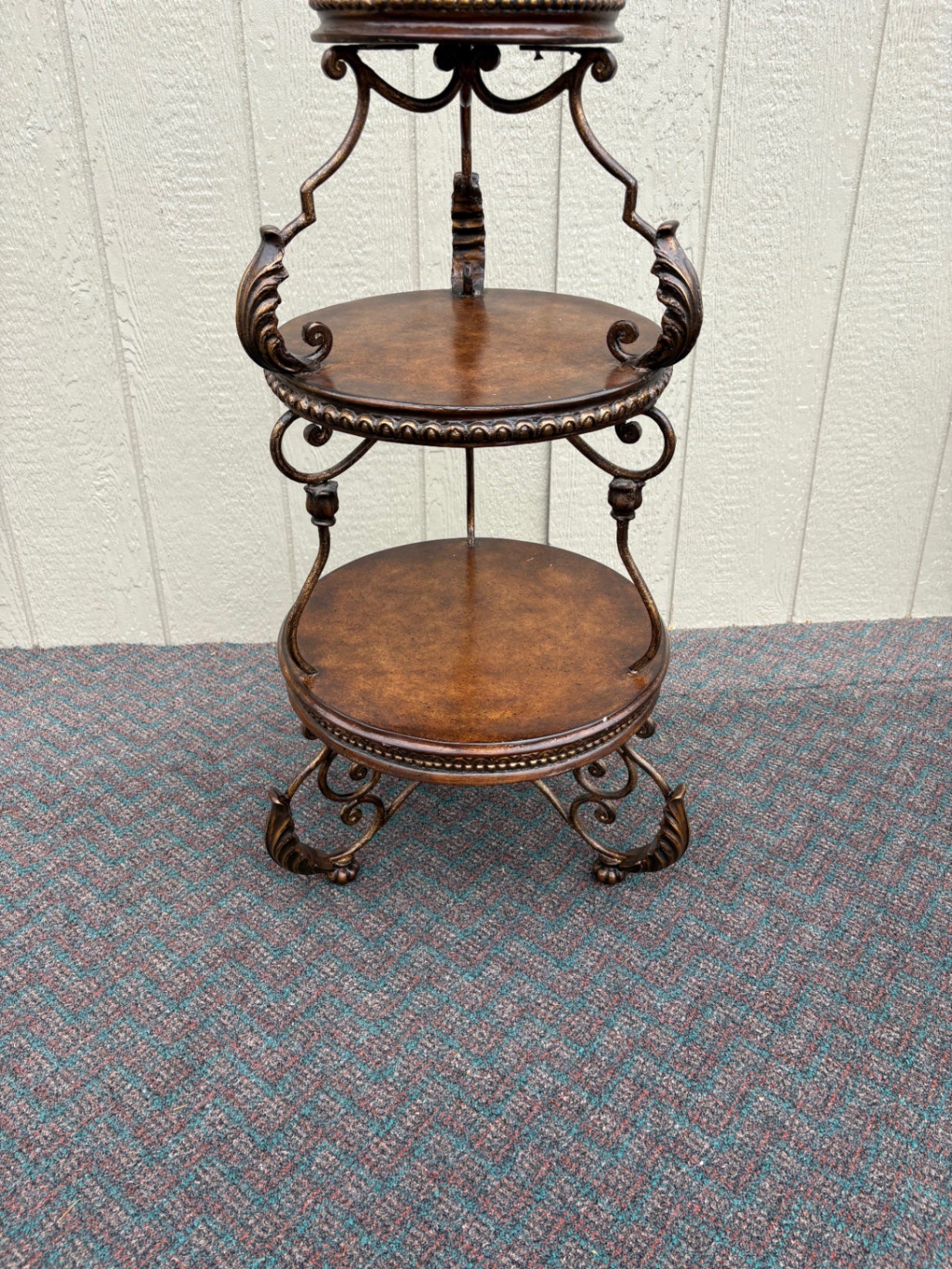 67831 Ornate Three-Tier Accent Table with Metal Scrollwork and Wood Finish
