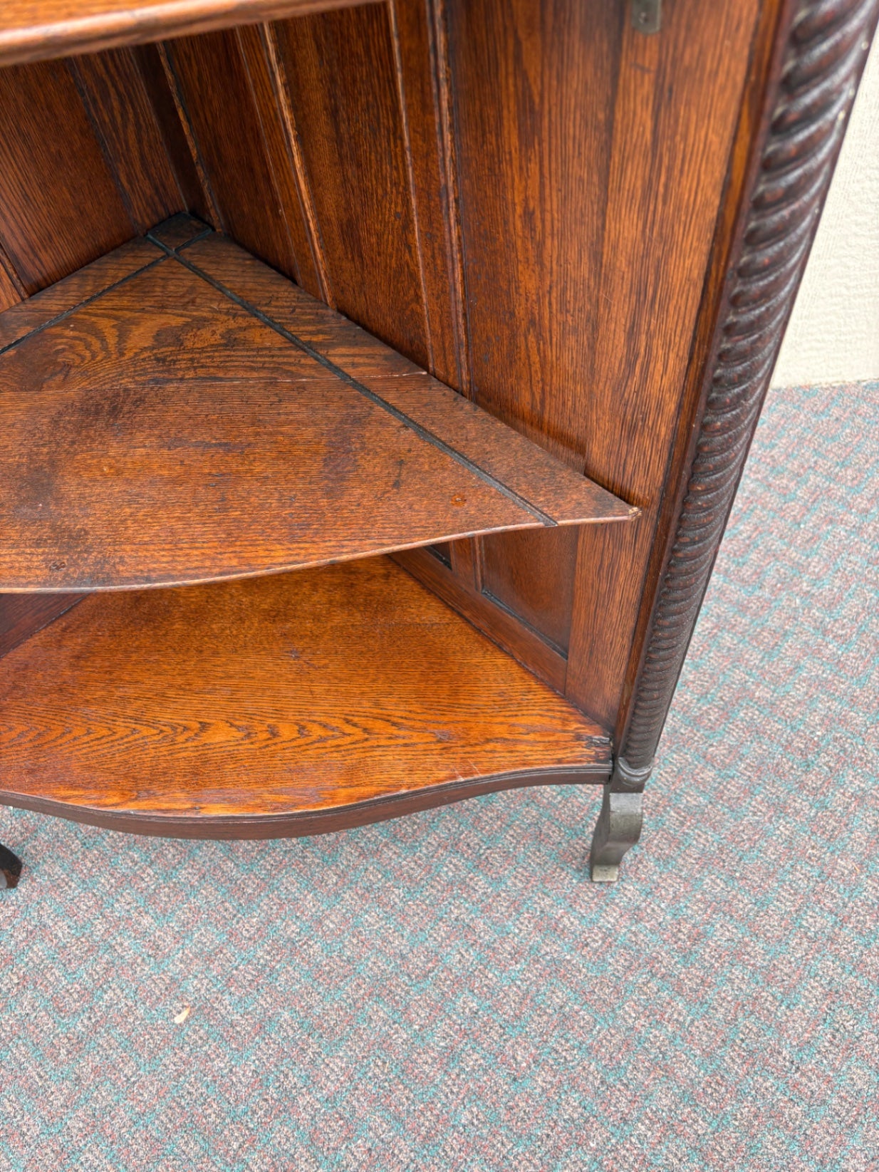 67661 Victorian Oak Corner Curio Cabinet  with Carved Details and Turned Finials