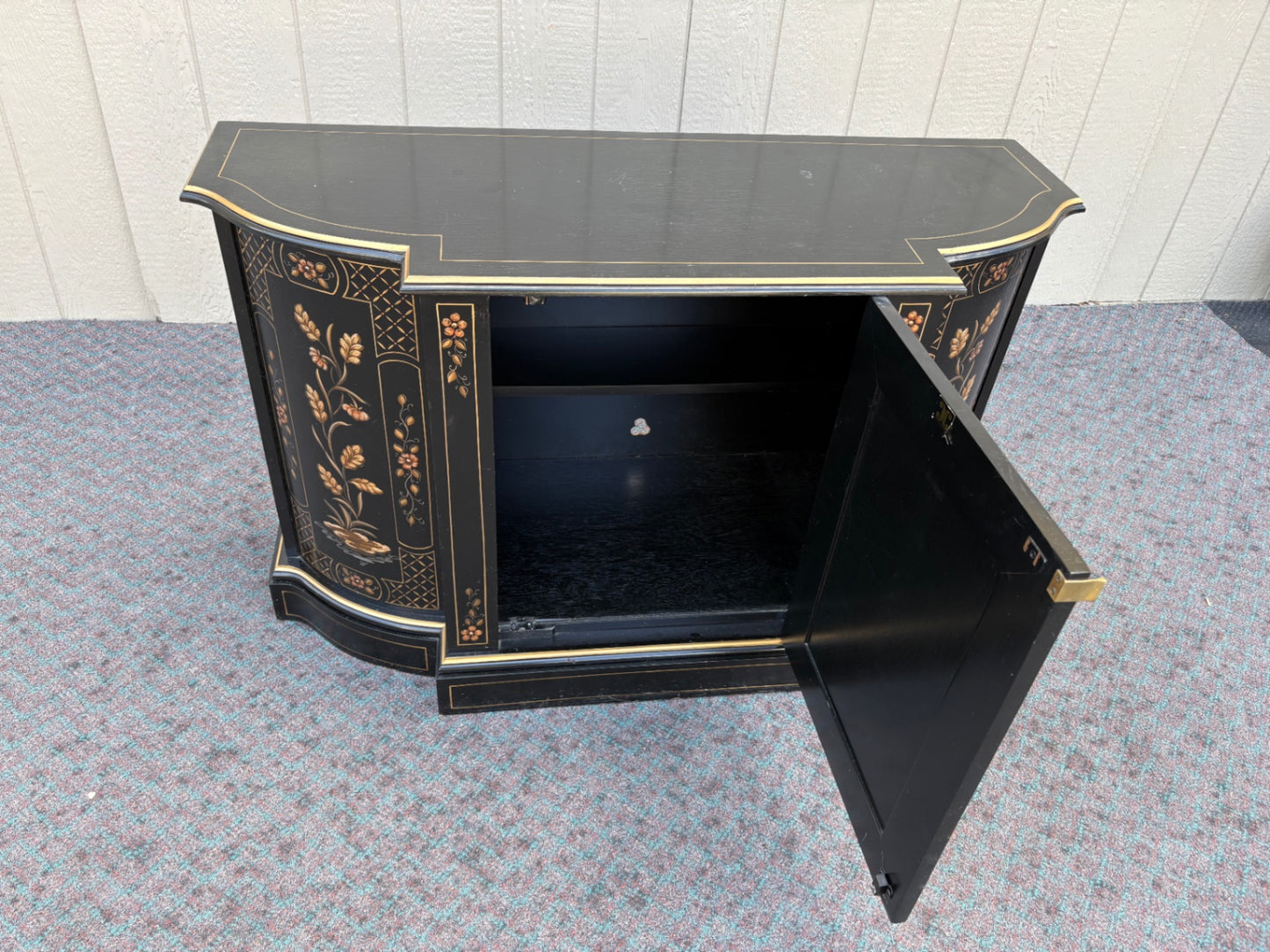 68118 Black Lacquer Asian-Inspired Cabinet with Floral and Bird Motifs