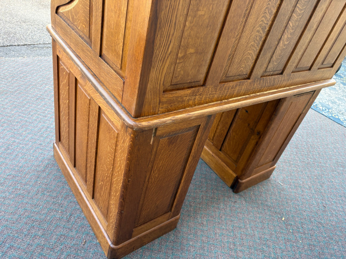 68012 Antique Oak Roll Top Desk with Brass Hardware and Storage
