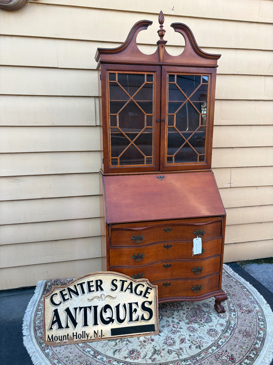 67780 Vintage Chippendale Style Secretary Desk with Glass Hutch