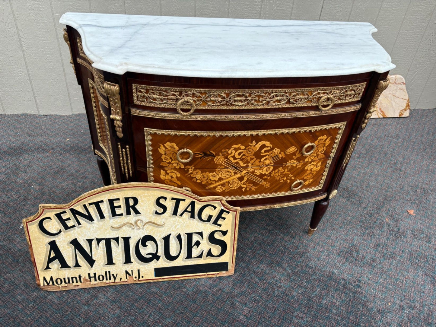 67335 Louis XV Style Marble Top Chest with Intricate Inlay and Gilt Detailing