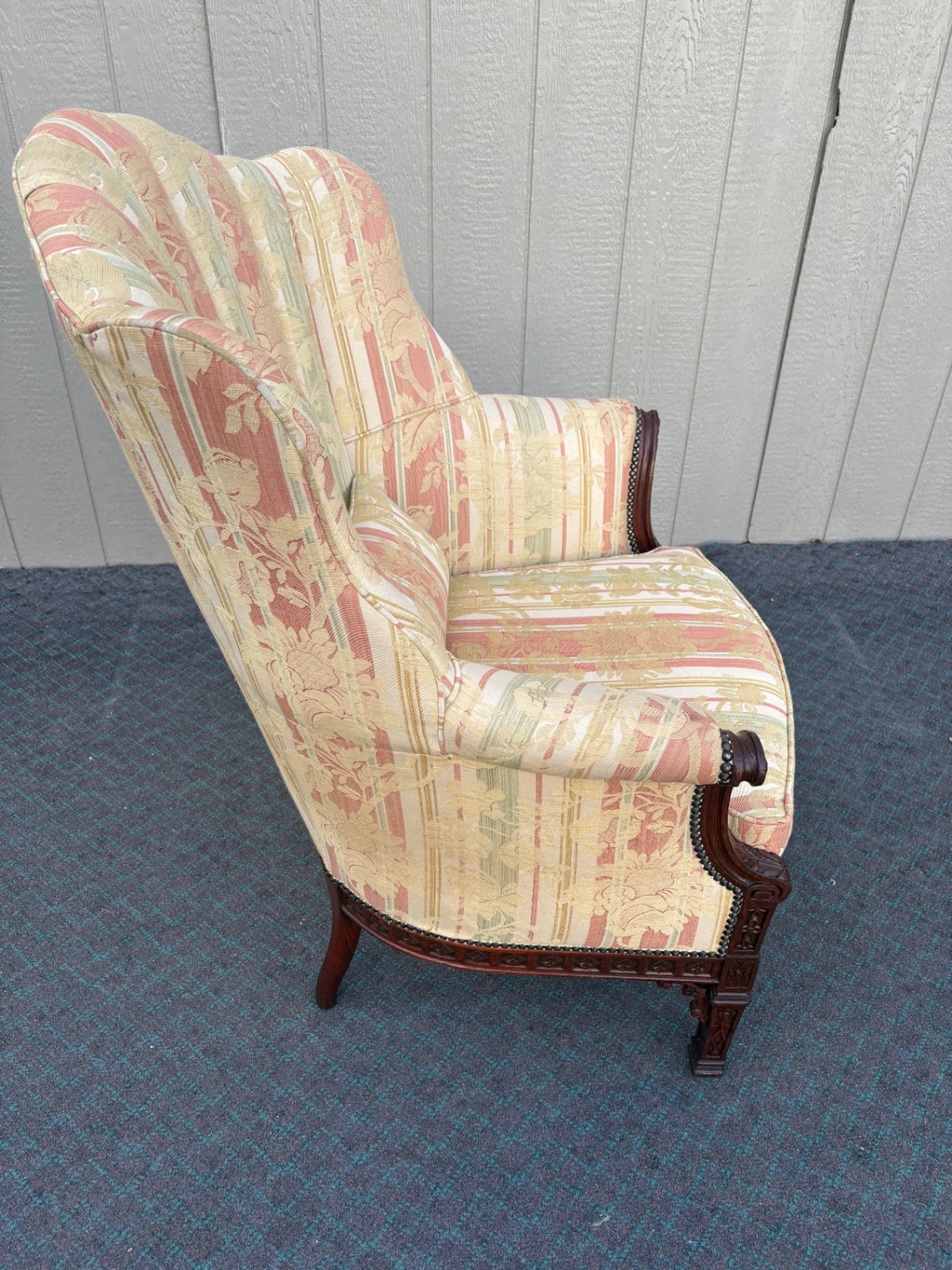 68209  1940s Carved Tufted Armchair with Floral Upholstery