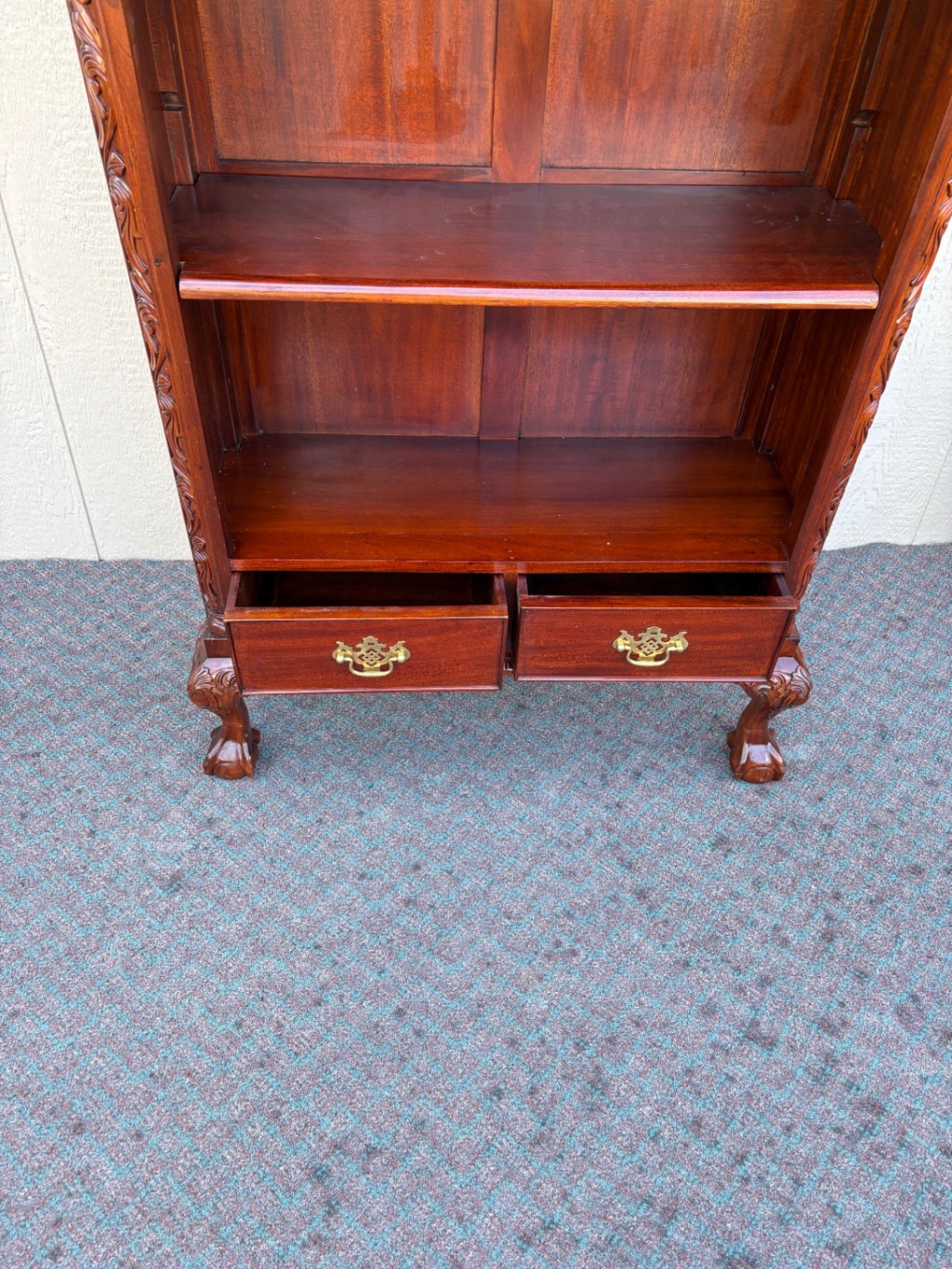 67941 Ornate Mahogany Chippendale Bookcase with Claw Feet and Drawers