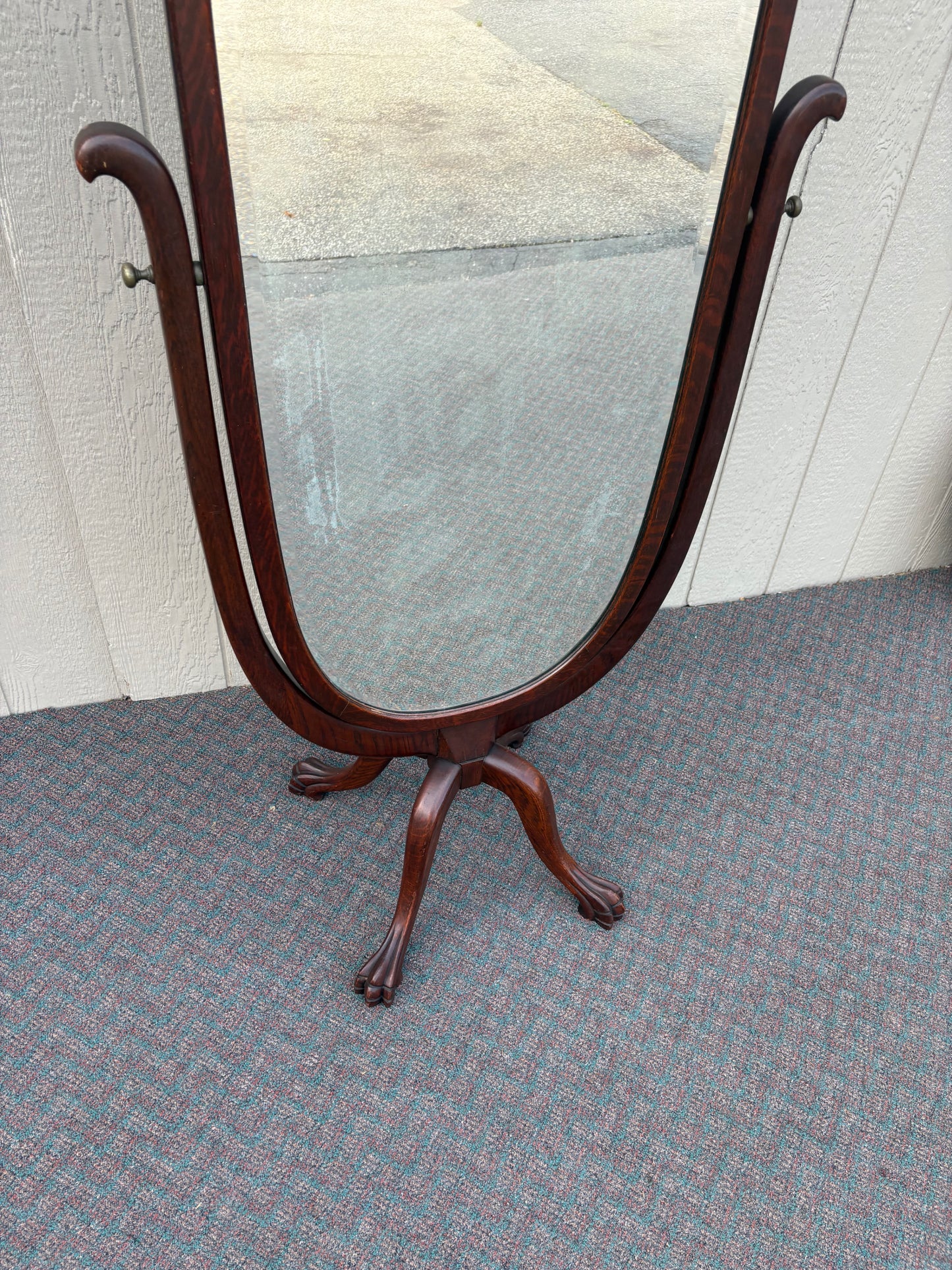 67612 Antique Oak Cheval Mirror with Beveled Glass
