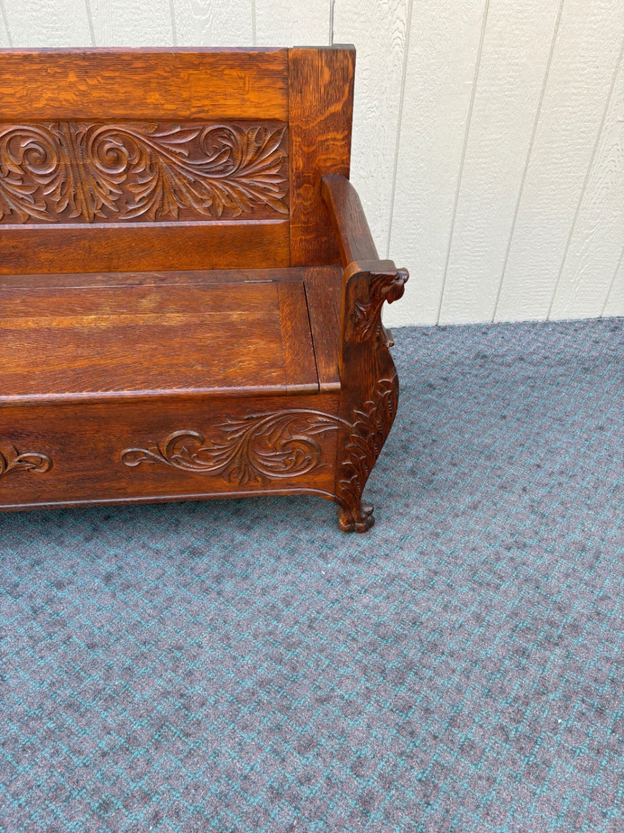 67891  Victorian Oak Carved Storage Bench with Lion Motif Details