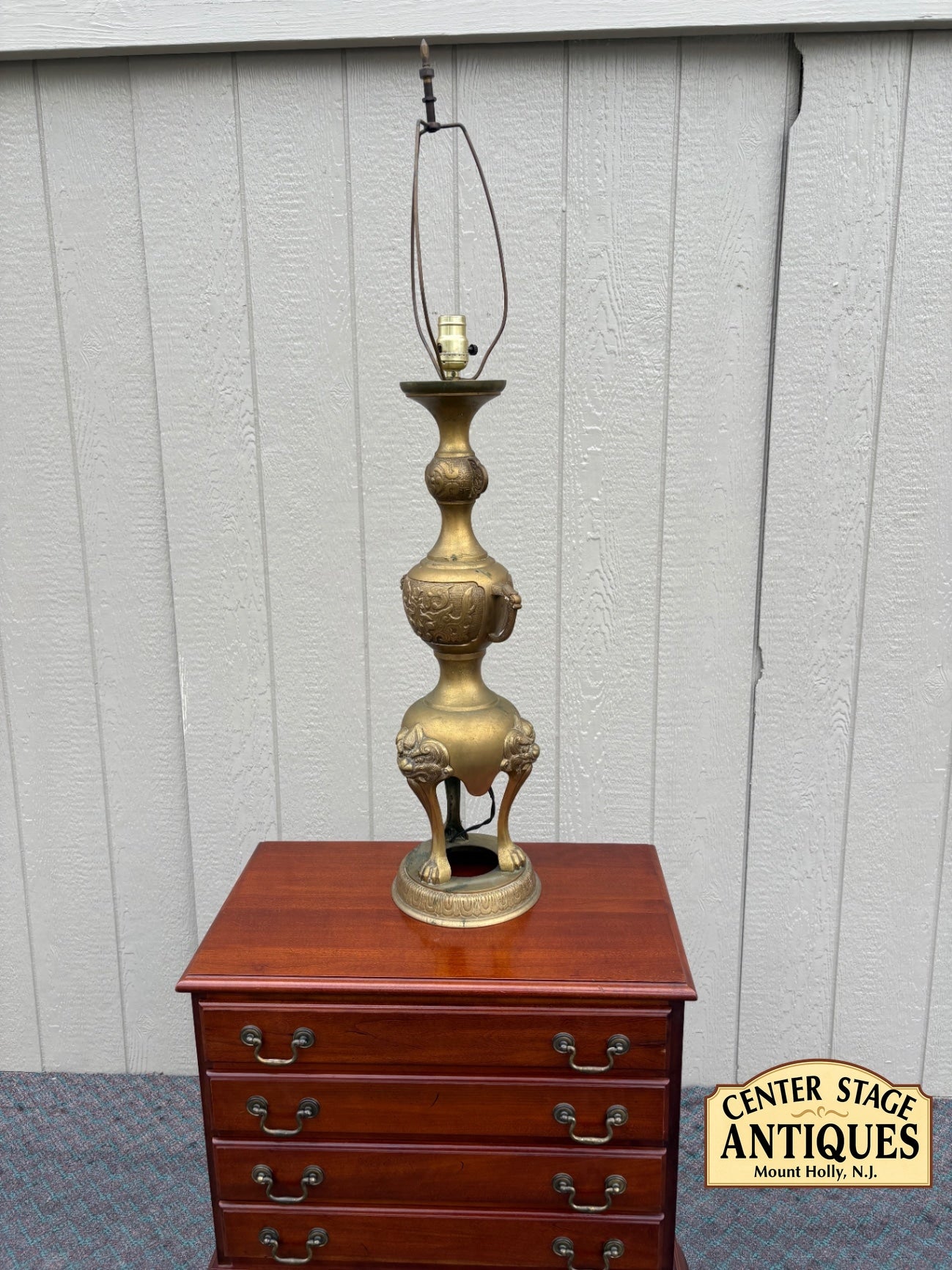 68108  Ornate Vintage Brass Table Lamp with Lion Paw Base