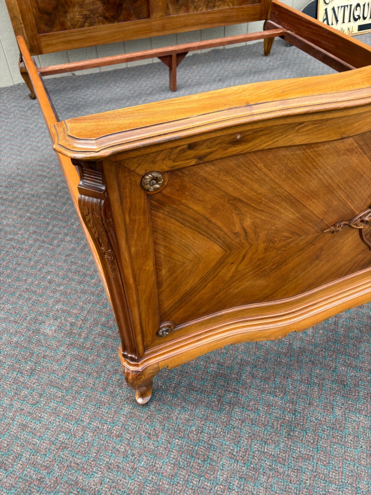 Antique French Queen Bed with Burl Walnut Panels and Carvings