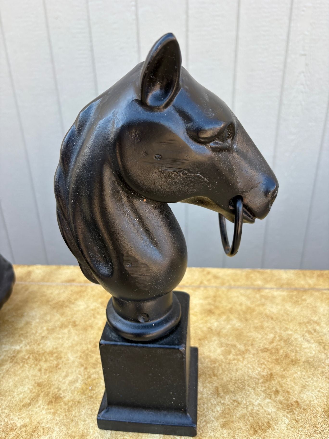 67592 Pair of Vintage Cast Iron Horse Head Sculptures with Rings