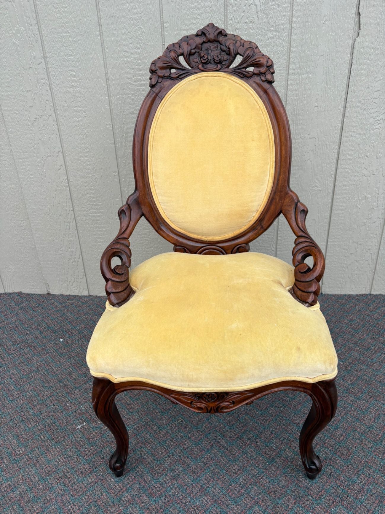 67445  Victorian Carved Mahogany Chair with Yellow Upholstery