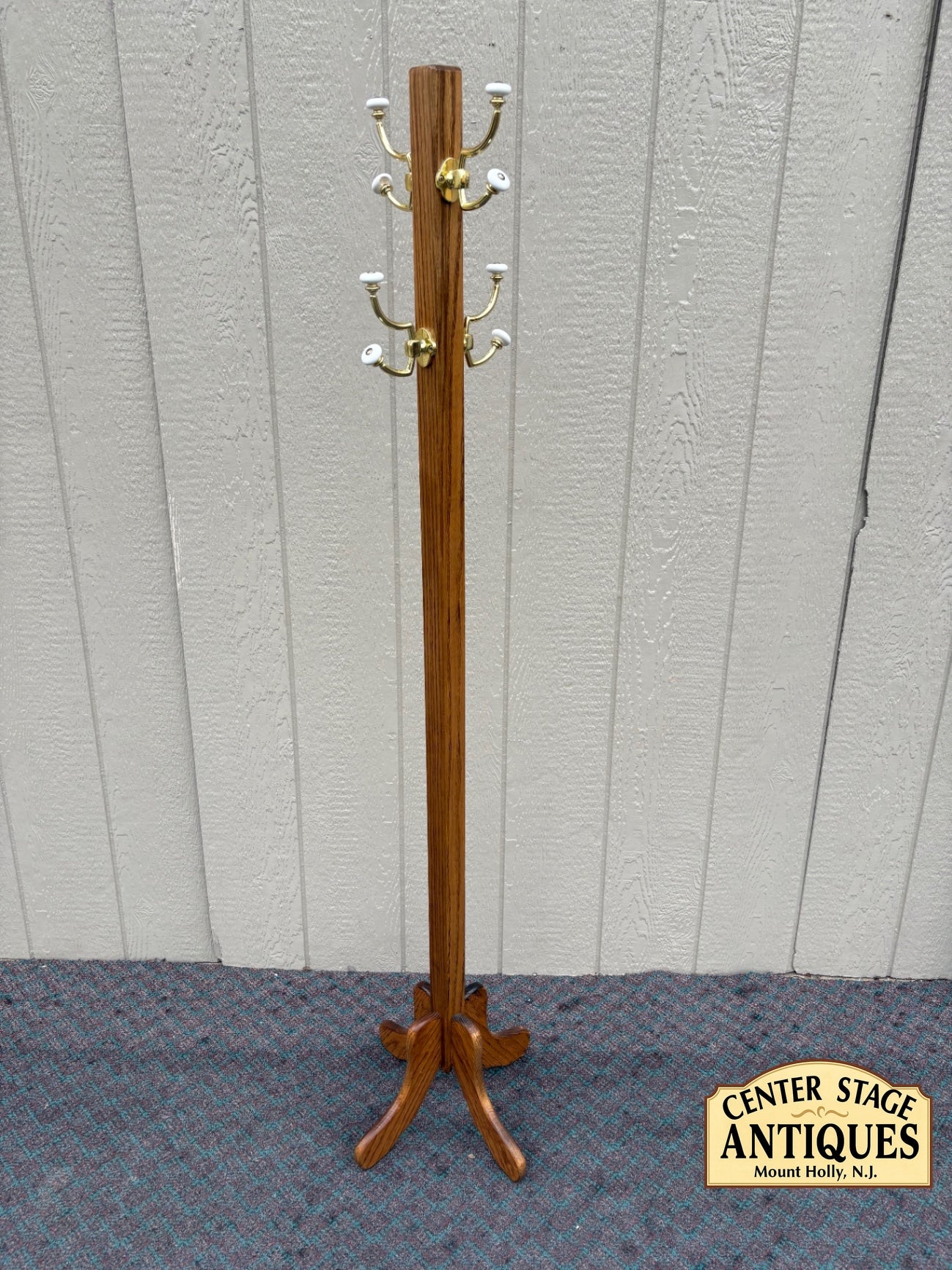 68113  Vintage Oak Coat Tree with Brass Hooks and Ceramic Accents
