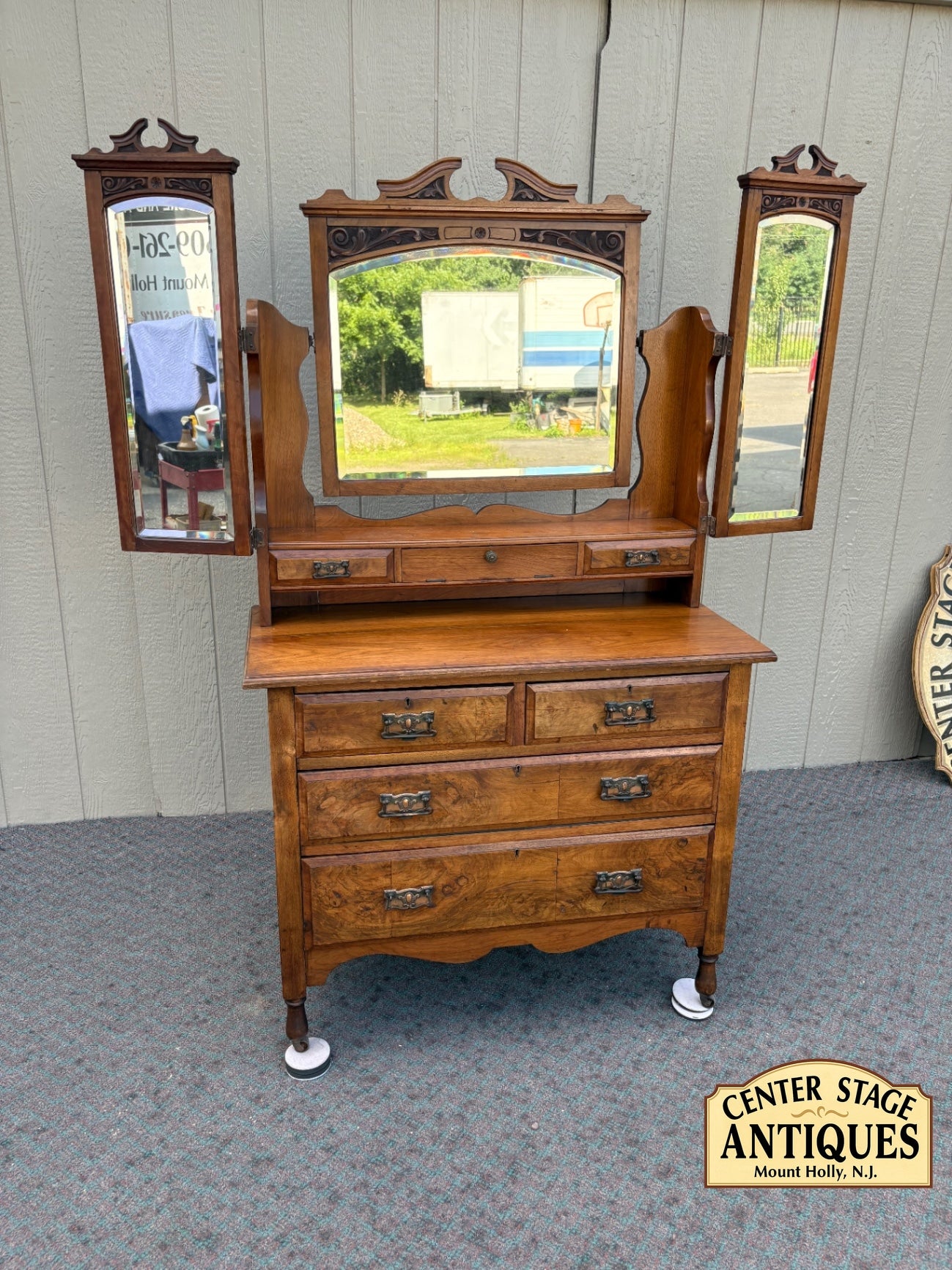 67938  Antique English Vanity Dresser with Triptych Mirror in Walnut