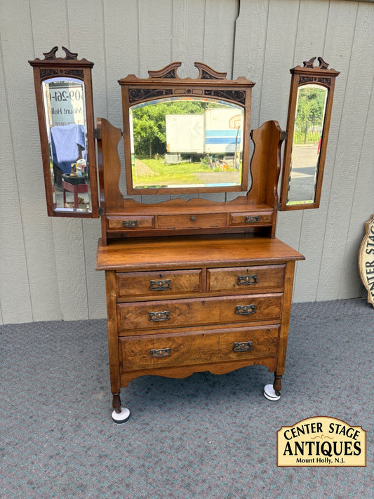 67938  Antique English Vanity Dresser with Triptych Mirror in Walnut