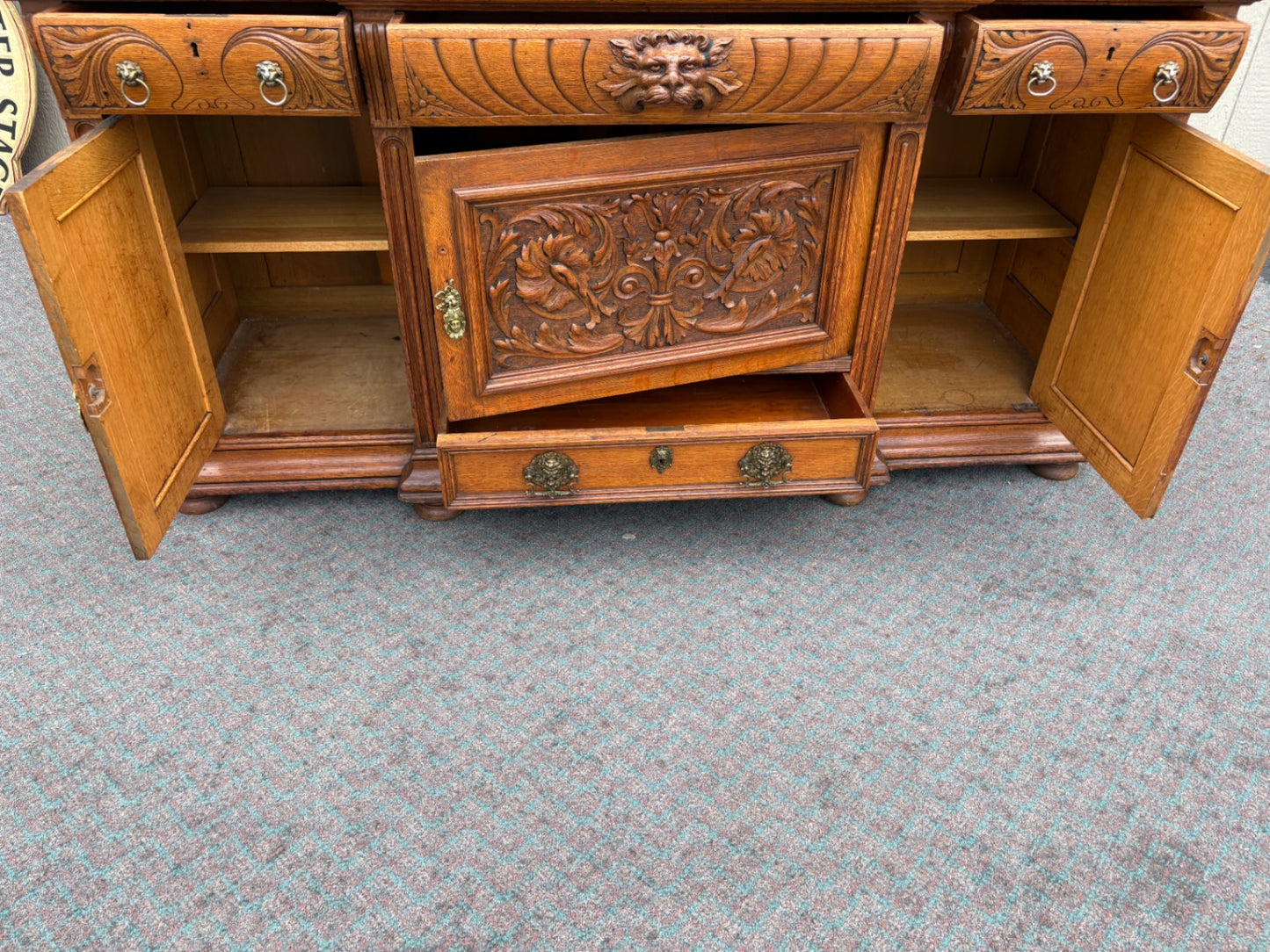 67852  Ornate Victorian Oak Buffet with Mirror and Carved Details