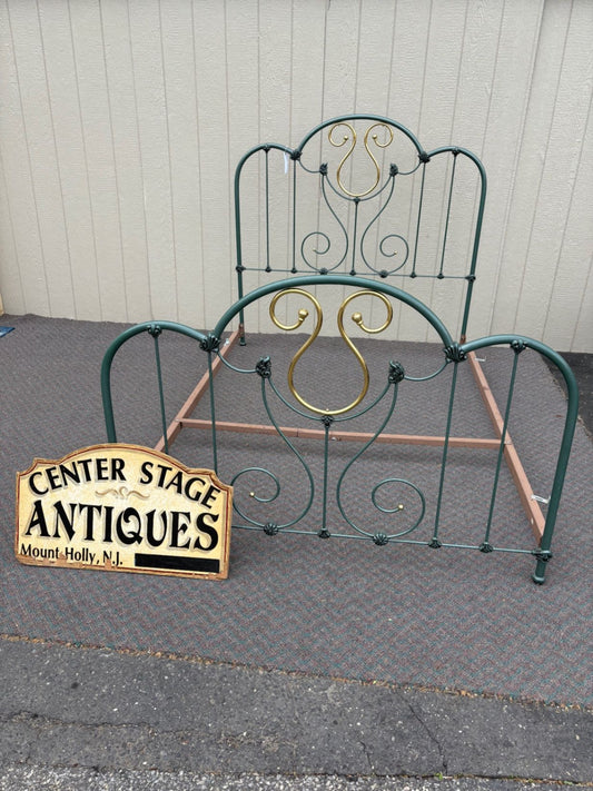 67398  Vintage Brass and Green Metal Full Size Bed Frame