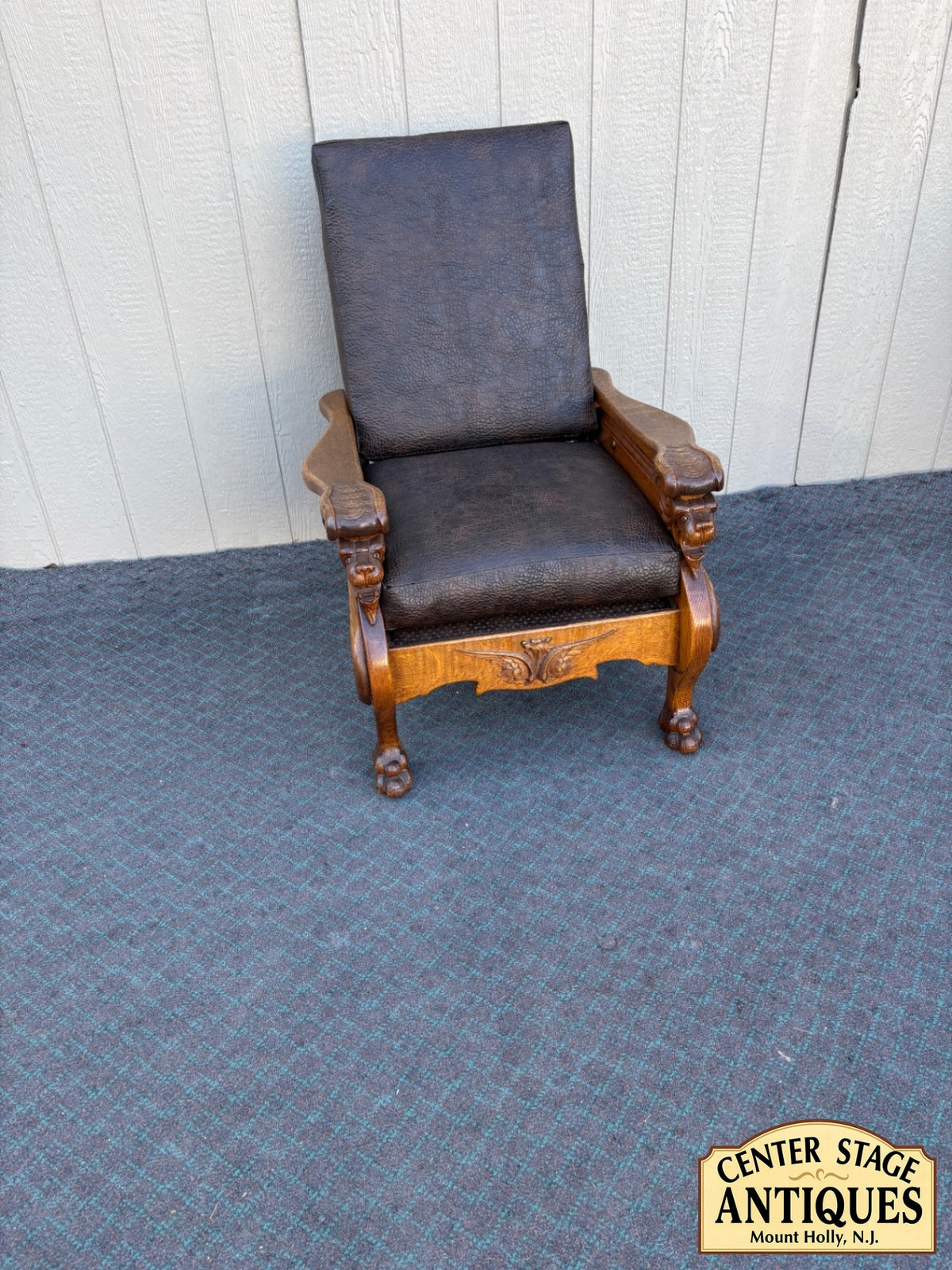 68007  Victorian Oak Morris Chair with Gryphon Carvings and Leather Upholstery