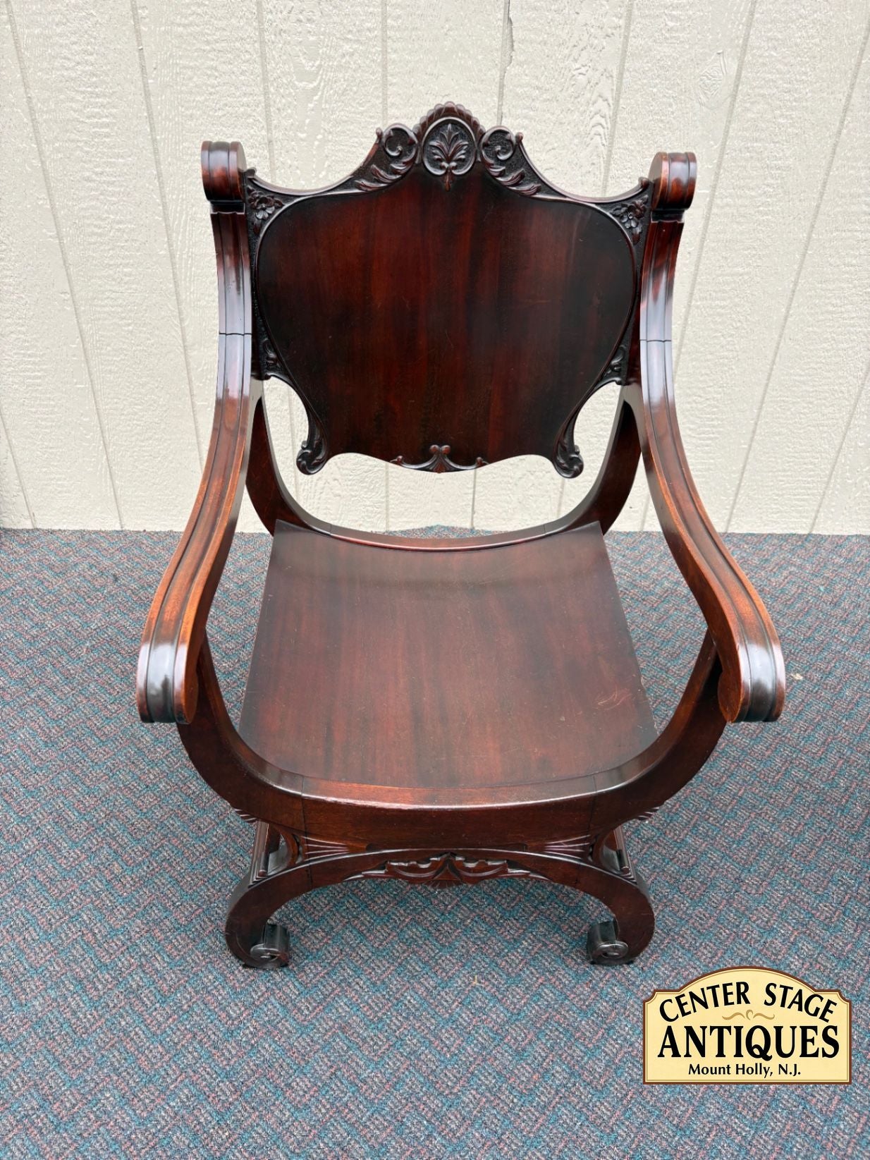 67539  Antique Empire Mahogany U-Back Chair with Ornate Carvings