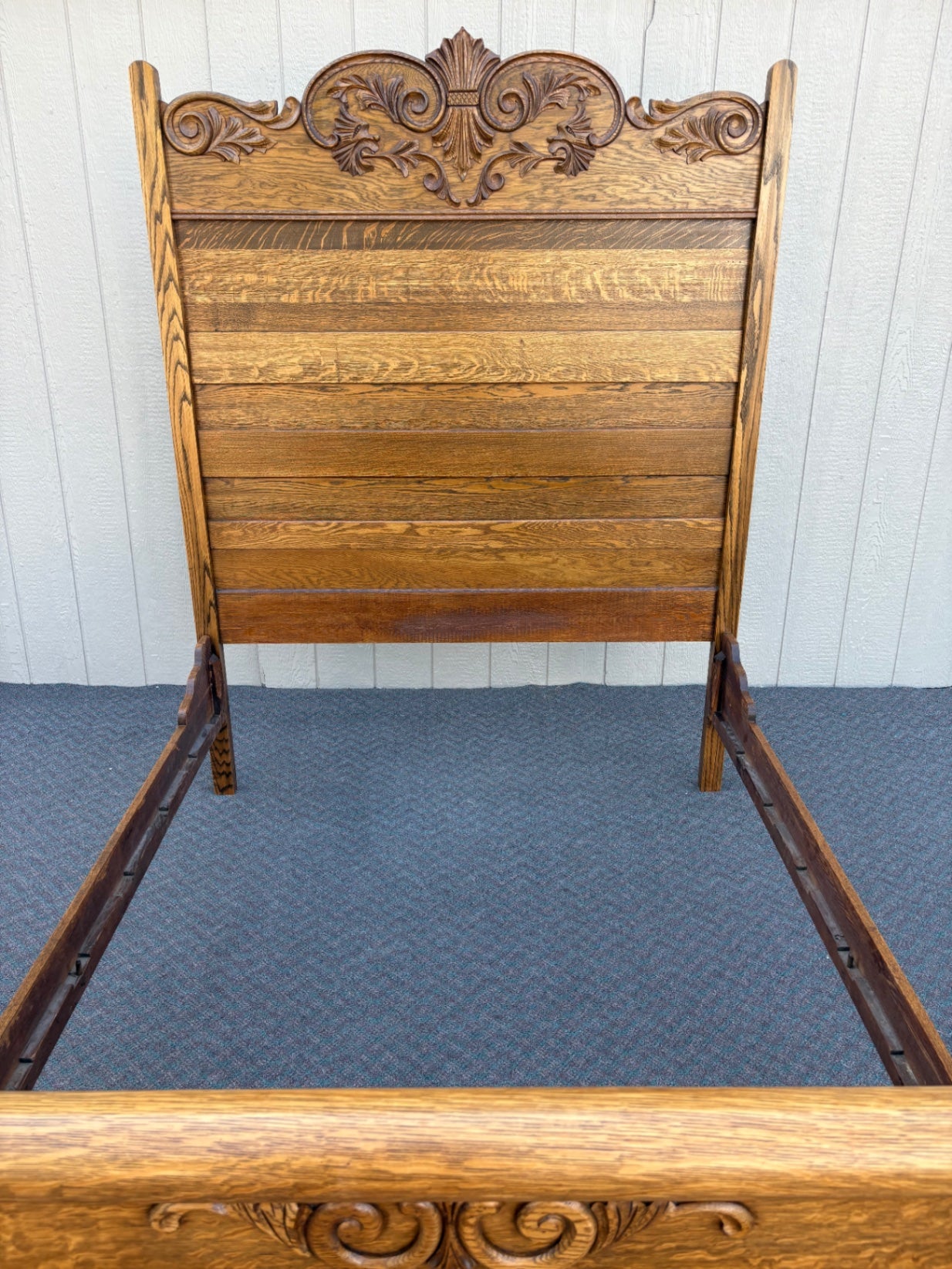 67793 Victorian Oak Full Size Bed Frame with Carved Details