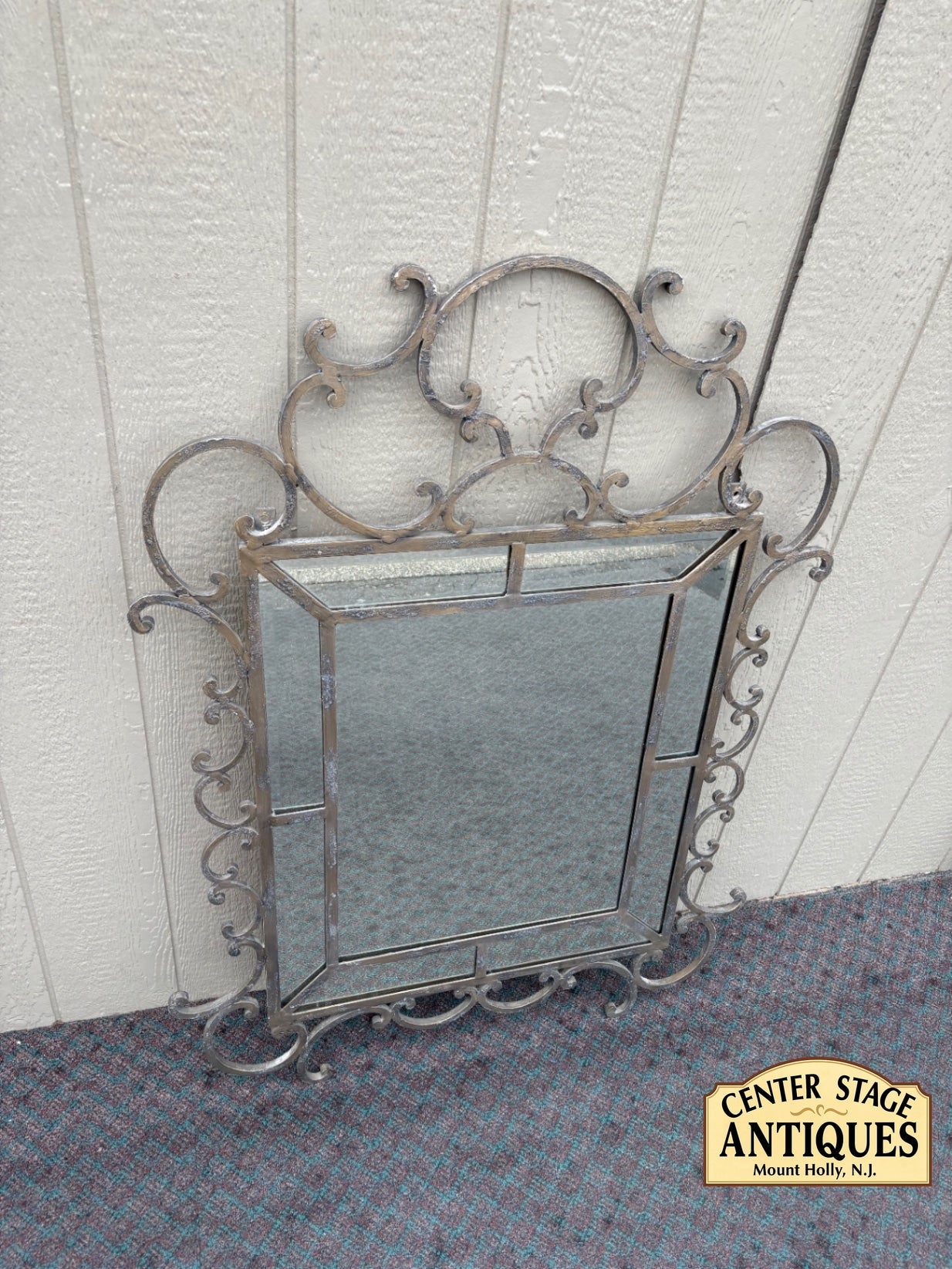 Ornate Wrought Iron Wall Mirror with Scrollwork Design