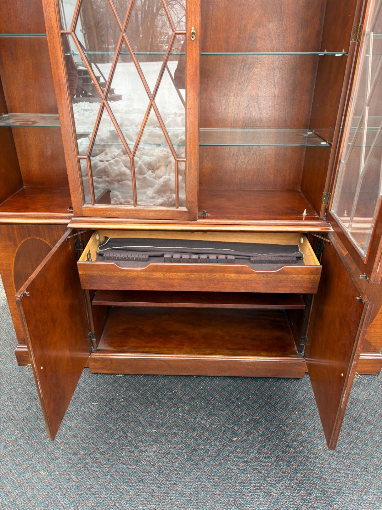 Baker Mahogany Breakfront China Cabinet with Glass Doors