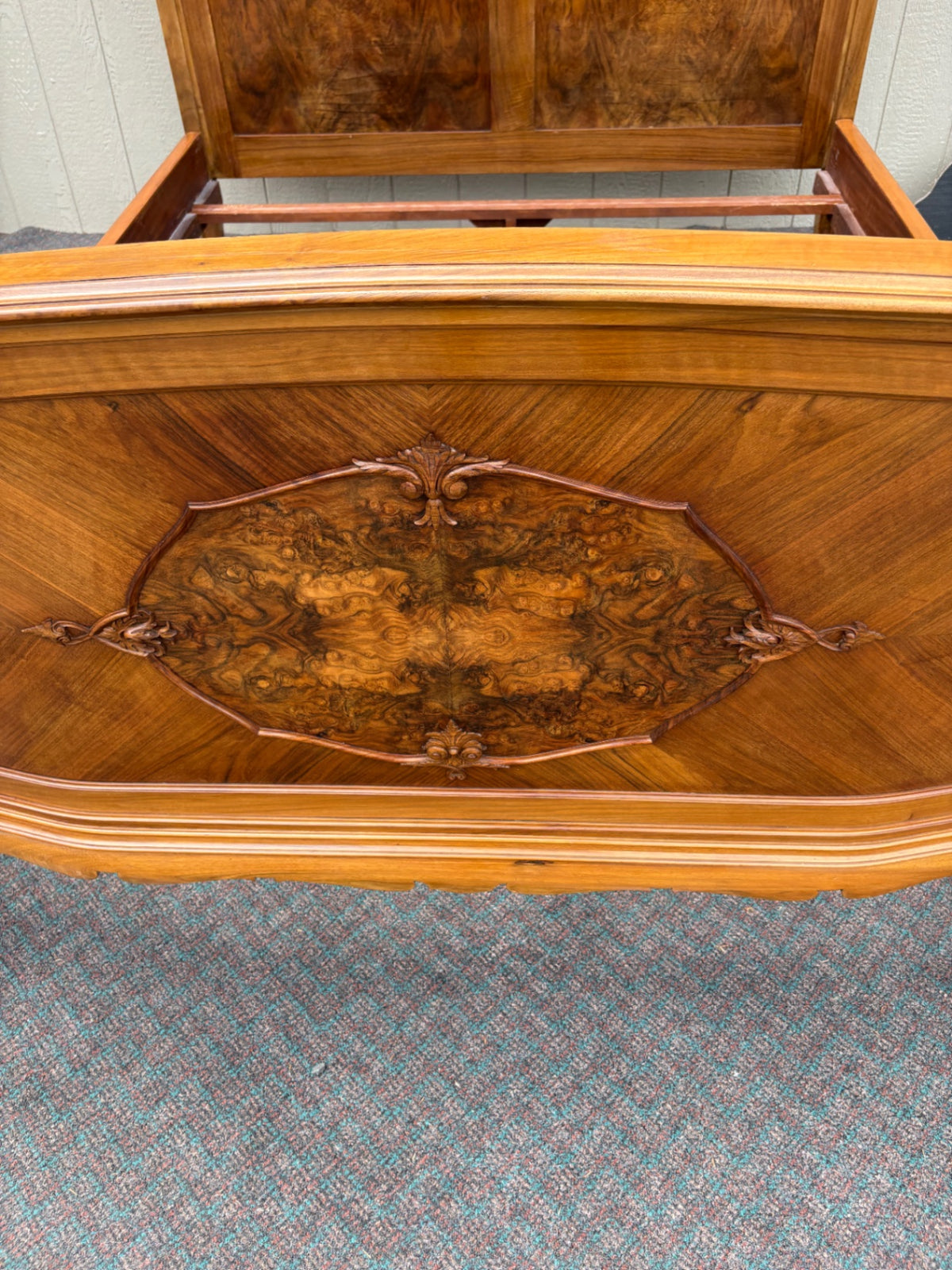 Antique French Queen Bed with Burl Walnut Panels and Carvings