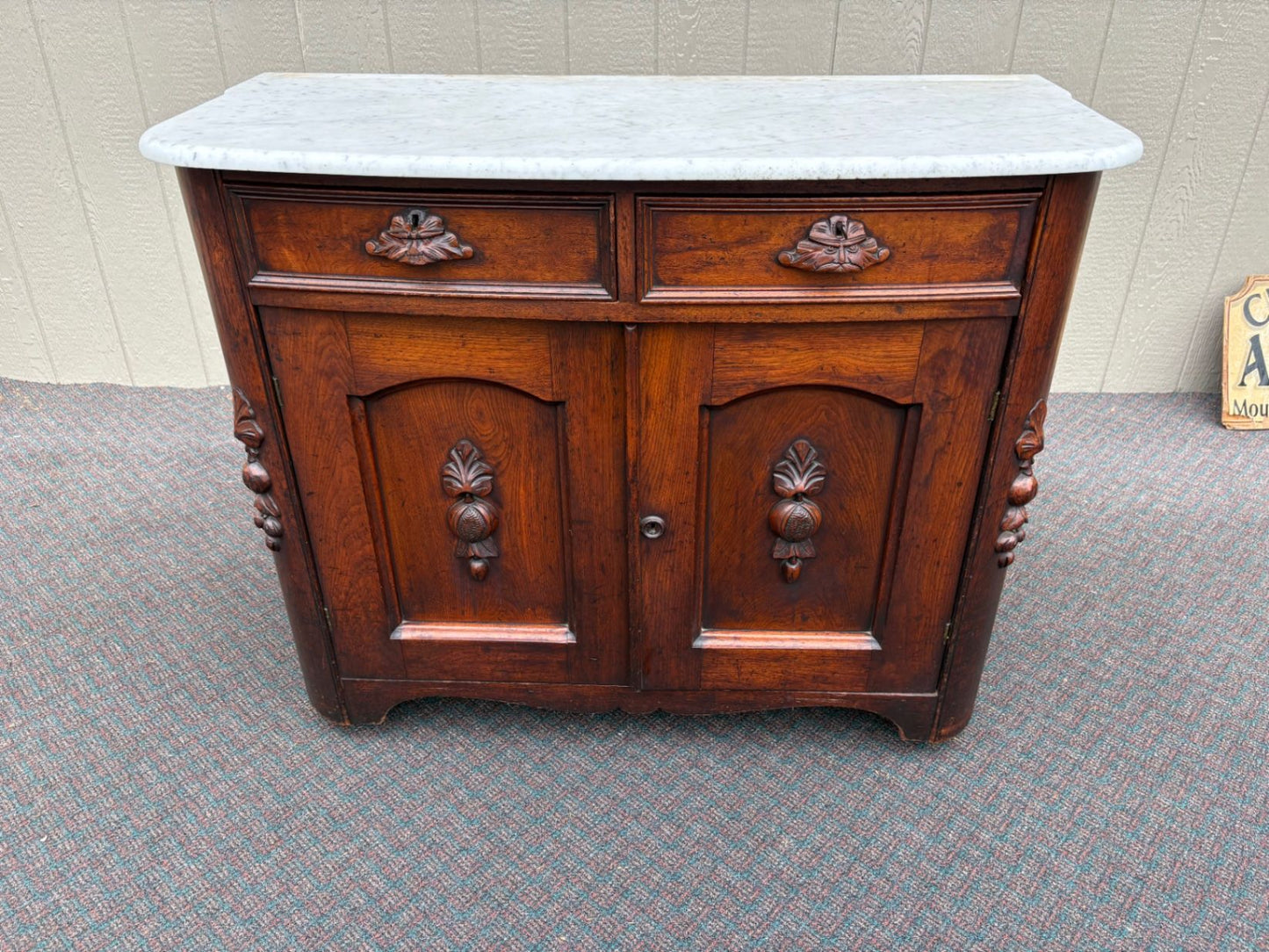 67622 Victorian Marble Top Buffet with Mirror and Ornate Carvings