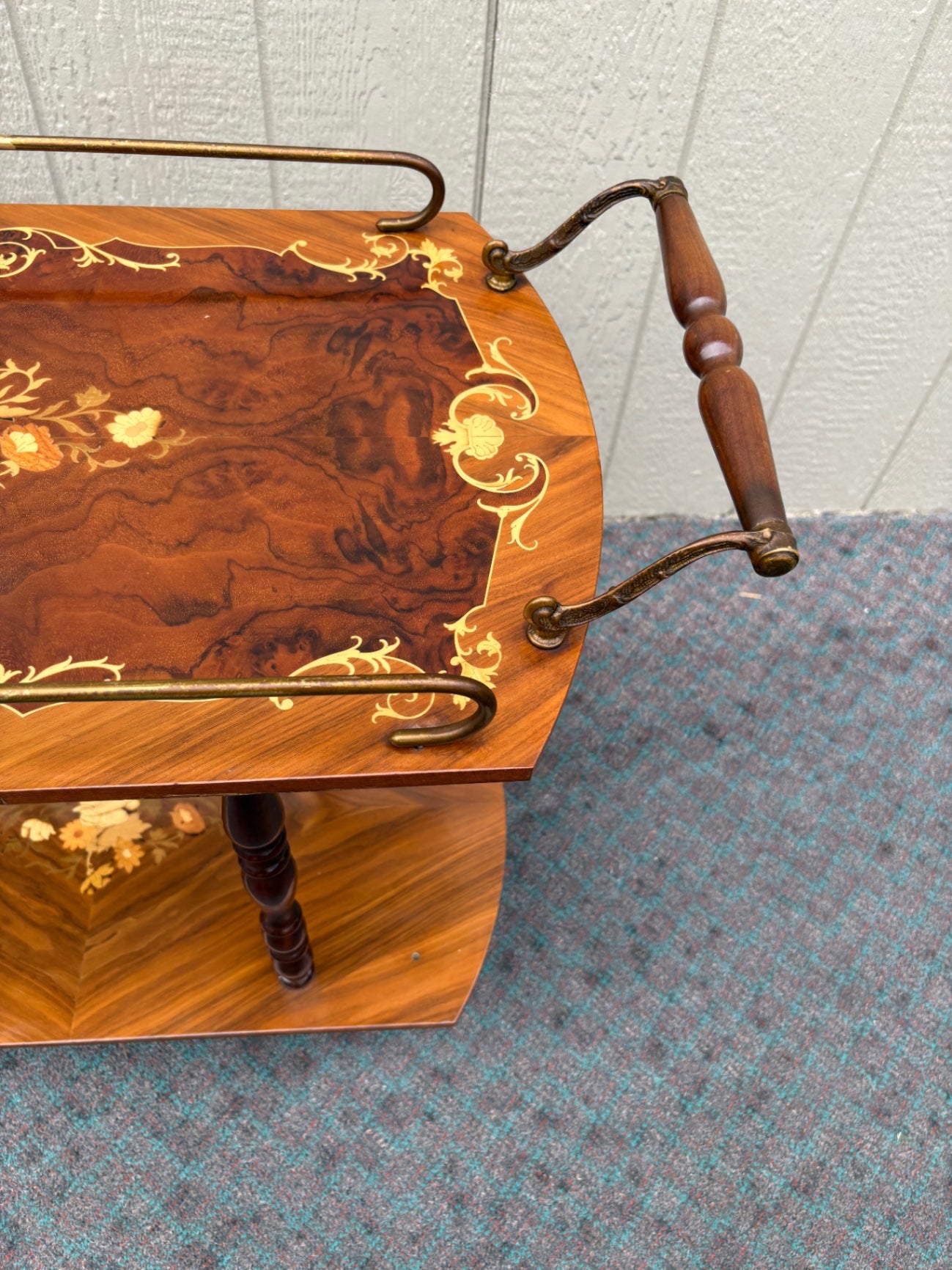 Italian Inlaid Wood Bar Cart with Floral Marquetry and Brass Accents
